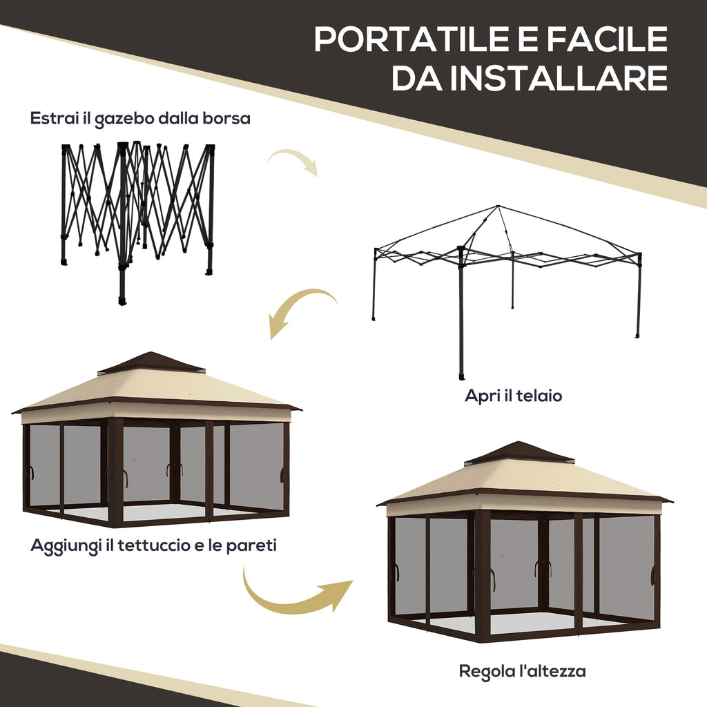 Outsunny Gazebo 3x3 adjustable on 3 levels with removable walls, in steel and Oxford fabric, coffee color and beige - Borgè