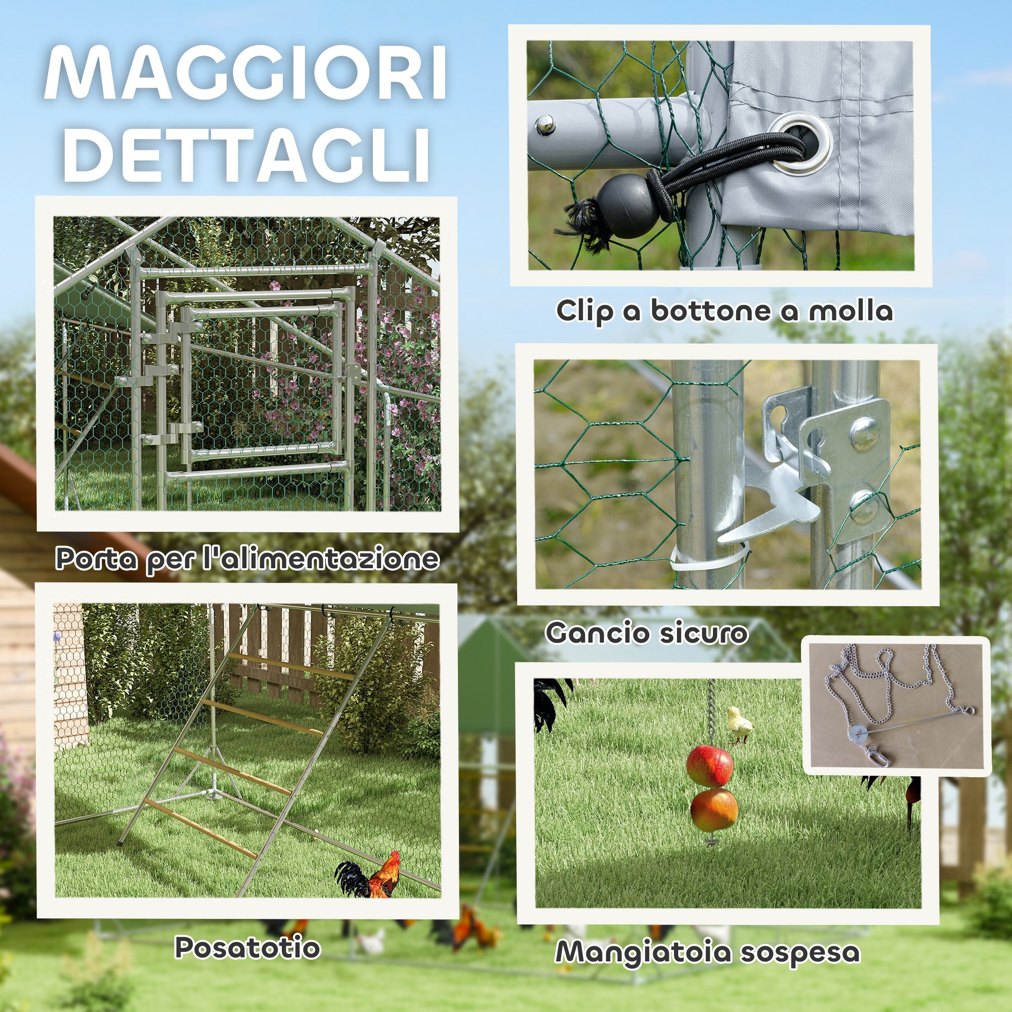 12m² Chicken Run for 12-18 Animals with Waterproof Roof, Feeder and Perch, 3x4x1.9m, Silver