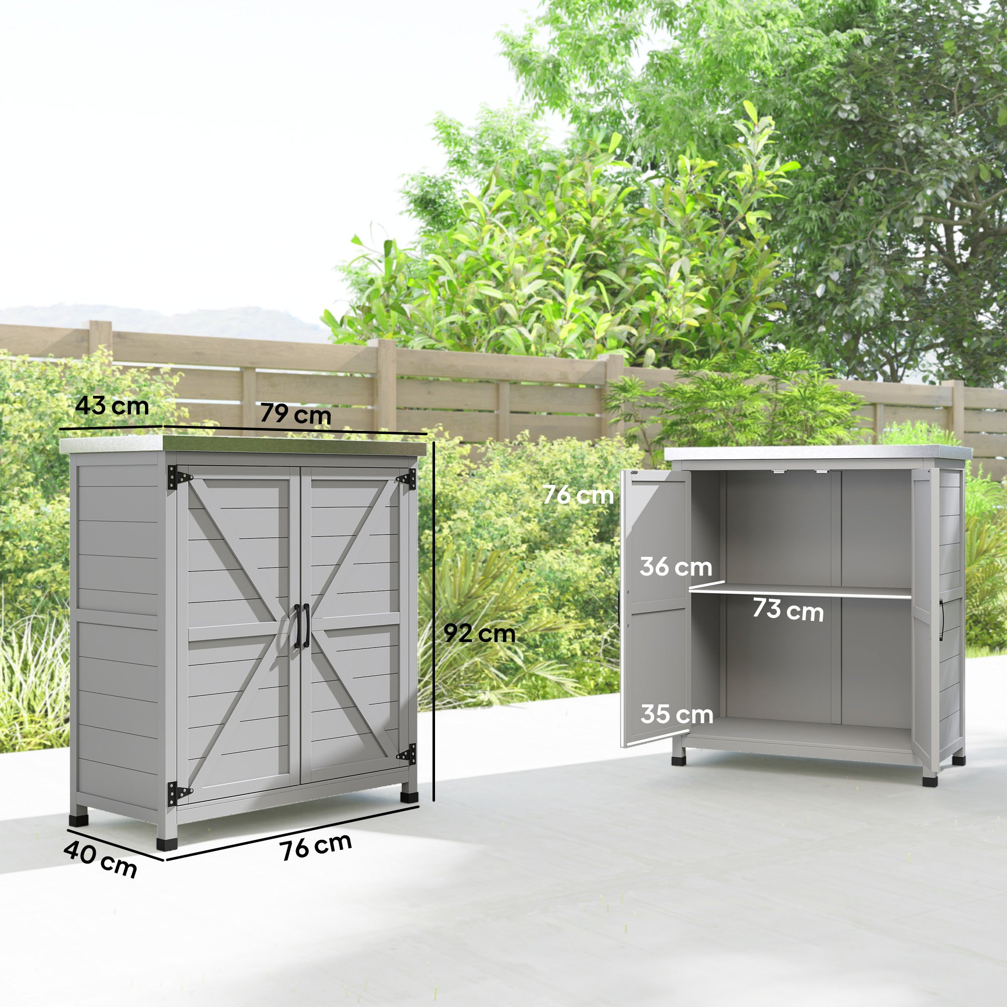 Outdoor Cabinet with Shelf and Workbench in Wood and Steel, 79x43x92 cm, Grey