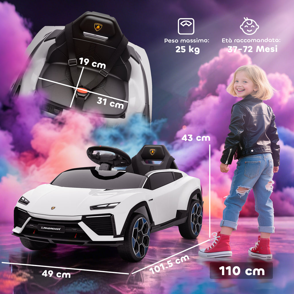 Lamborghini Licensed Electric Ride-On Car for Kids with Horn and Remote Control, 3-Speed Adjustable, White