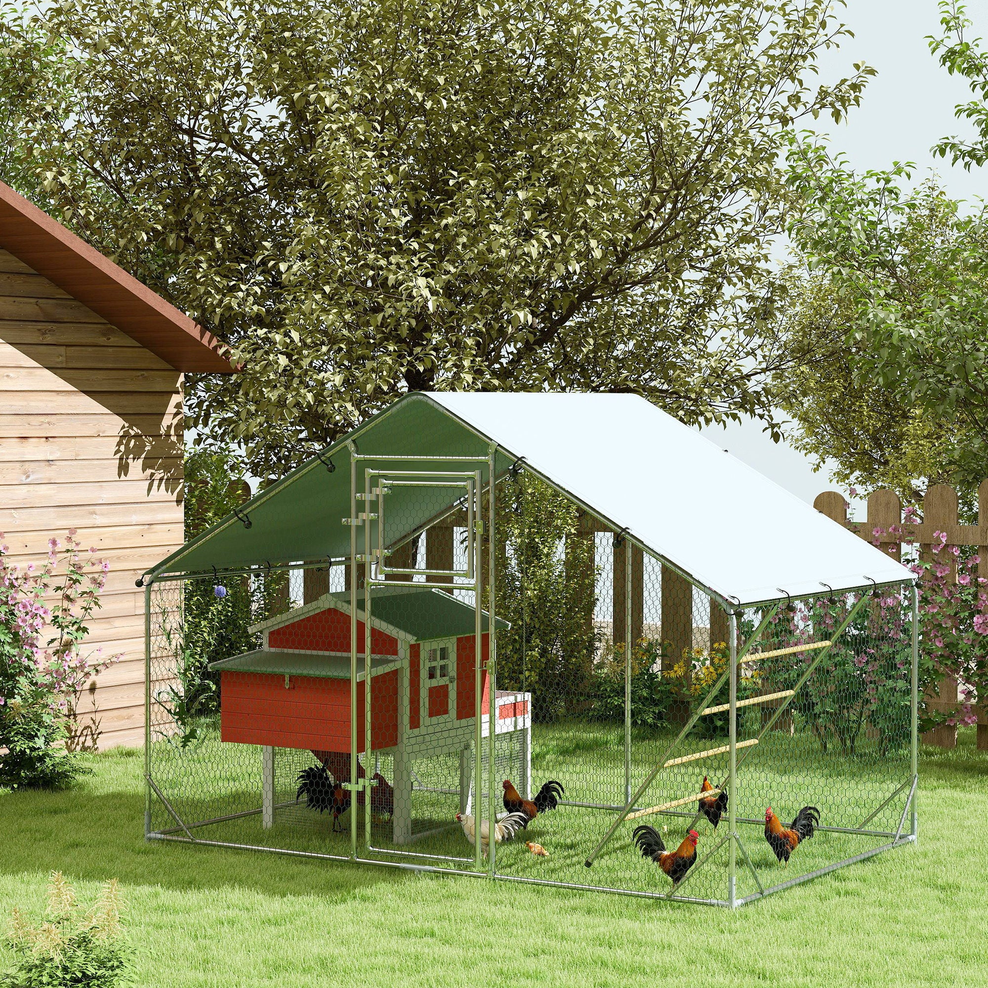 6m² Chicken Coop for 6-8 Animals with Waterproof Roof, Feeder and Perch, 3x2x1.9m, Silver