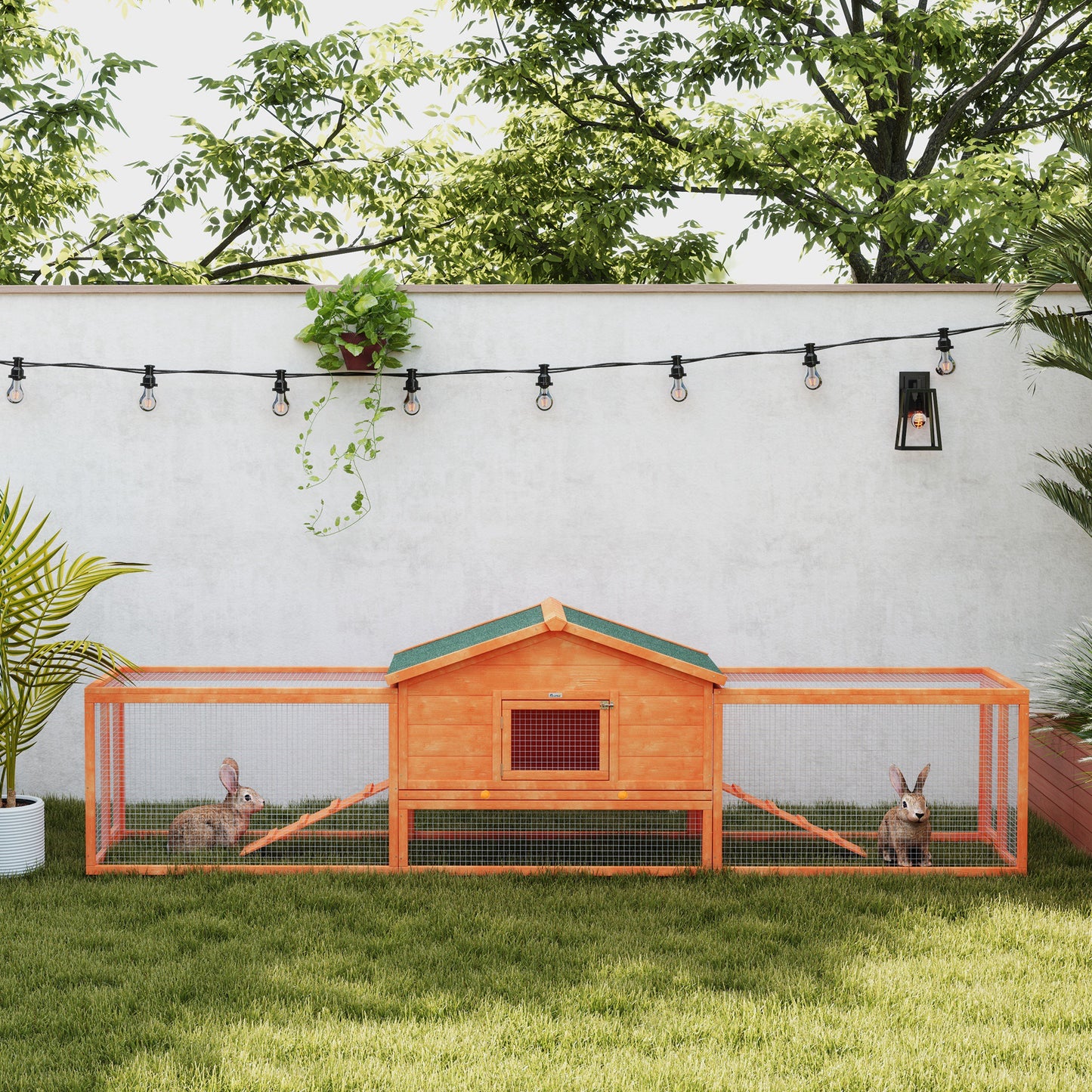 Rabbit Hutch with House, Ramps and 2 Wooden Runs, 309x69. 5x87cm, Orange