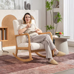 90°-130° Rocking Chair with Lumbar Cushion, Sherpa Fabric Upholstery, 64.5x82x89 cm, White and Wood Color