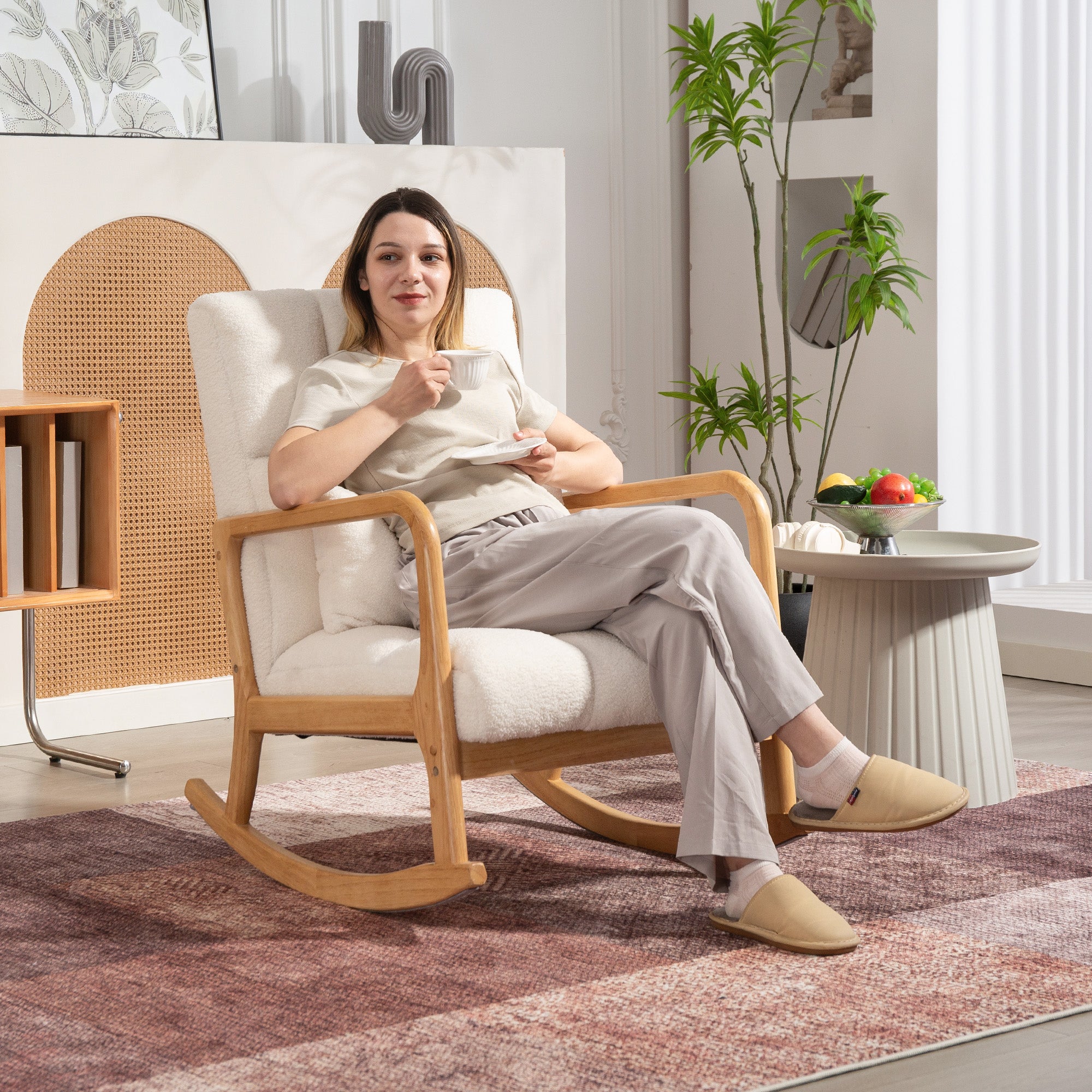 90°-130° Rocking Chair with Lumbar Cushion, Sherpa Fabric Upholstery, 64.5x82x89 cm, White and Wood Color