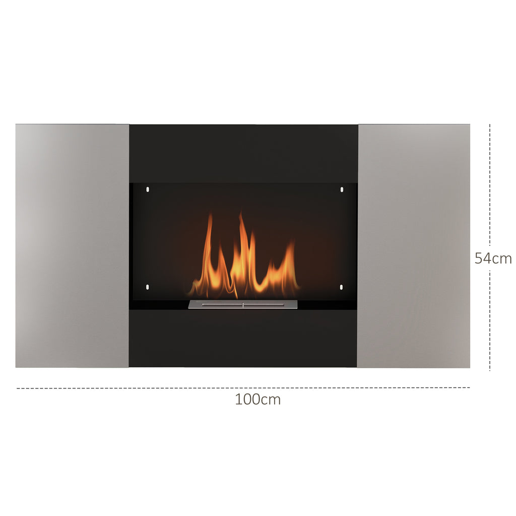 Wall Mounted  0.9L Bioethanol Fireplace with Protective Panel, Stainless Steel and Glass, 100x15x54 cm, Black and Silver