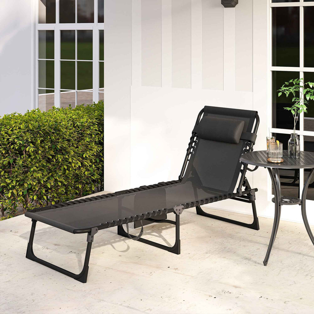 Outsunny Folding Garden Lounger with 5-Position Reclining Backrest and Cushion, 185x58x30cm, Black
