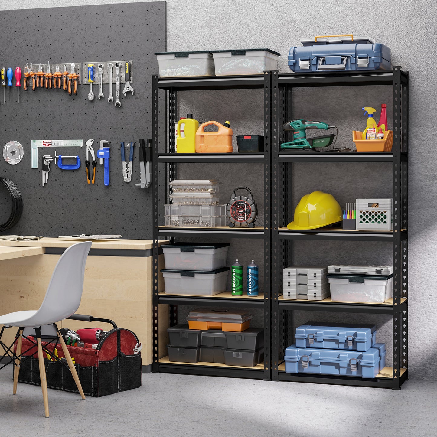 5-Tier Industrial Shelving Unit, 2-Piece Set in MDF and Steel with Open and Adjustable Shelves, 70x30x167.5 cm