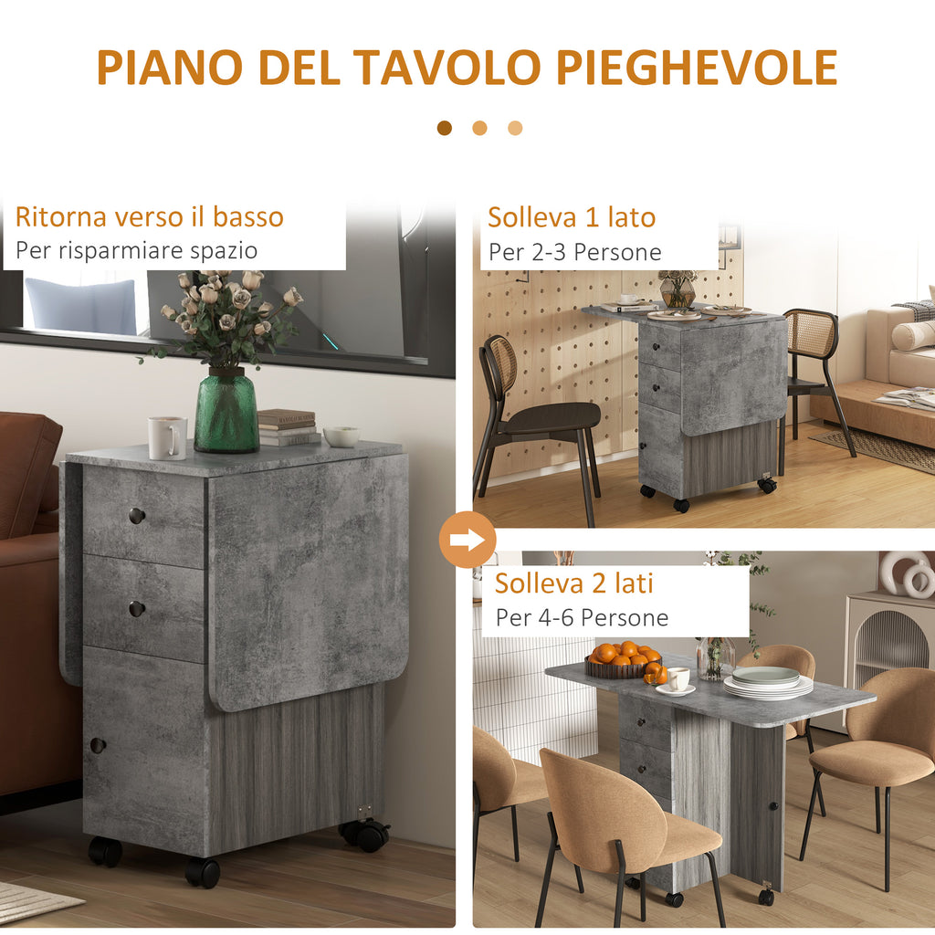 Folding Table with 2 Drawers and Cabinet, 6 Wheels and Brakes, 120x60x76.5 cm, Wood and Rock Grey