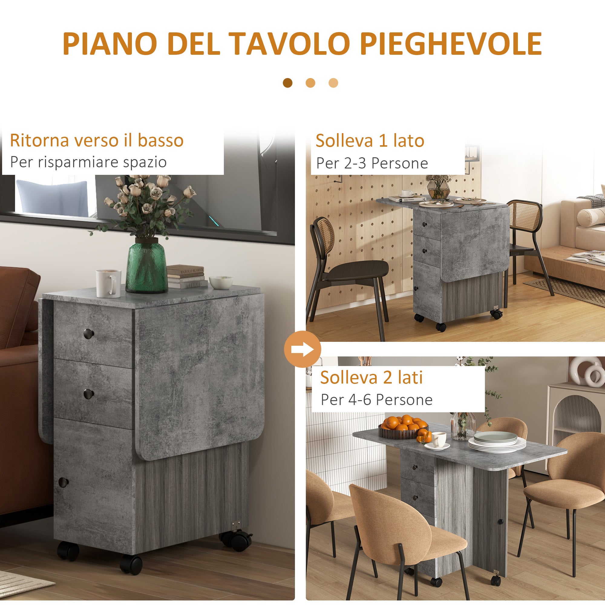 Folding Table with 2 Drawers and Cabinet, 6 Wheels and Brakes, 120x60x76.5 cm, Wood and Rock Grey