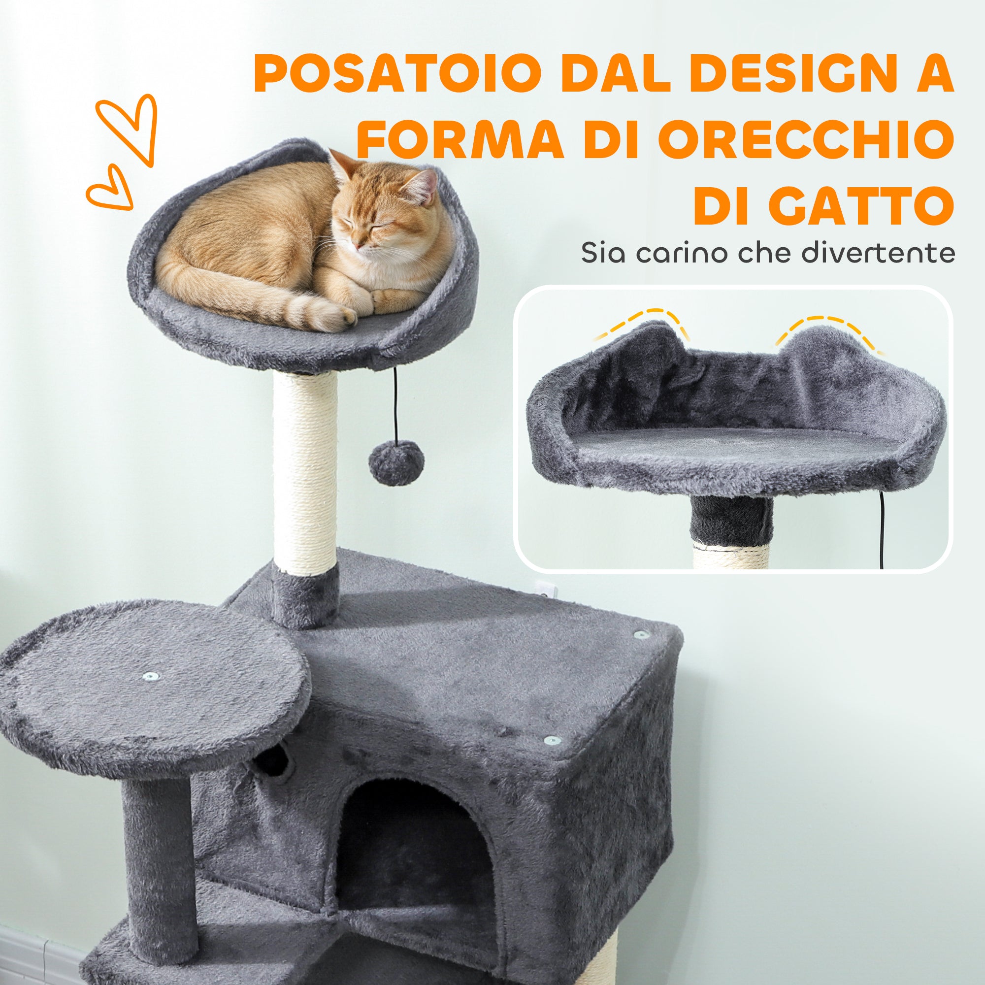 140cm Tall Cat Tree with 2 Houses, Bed and Hammock for 2-3 Cats, Plush Cover, Grey