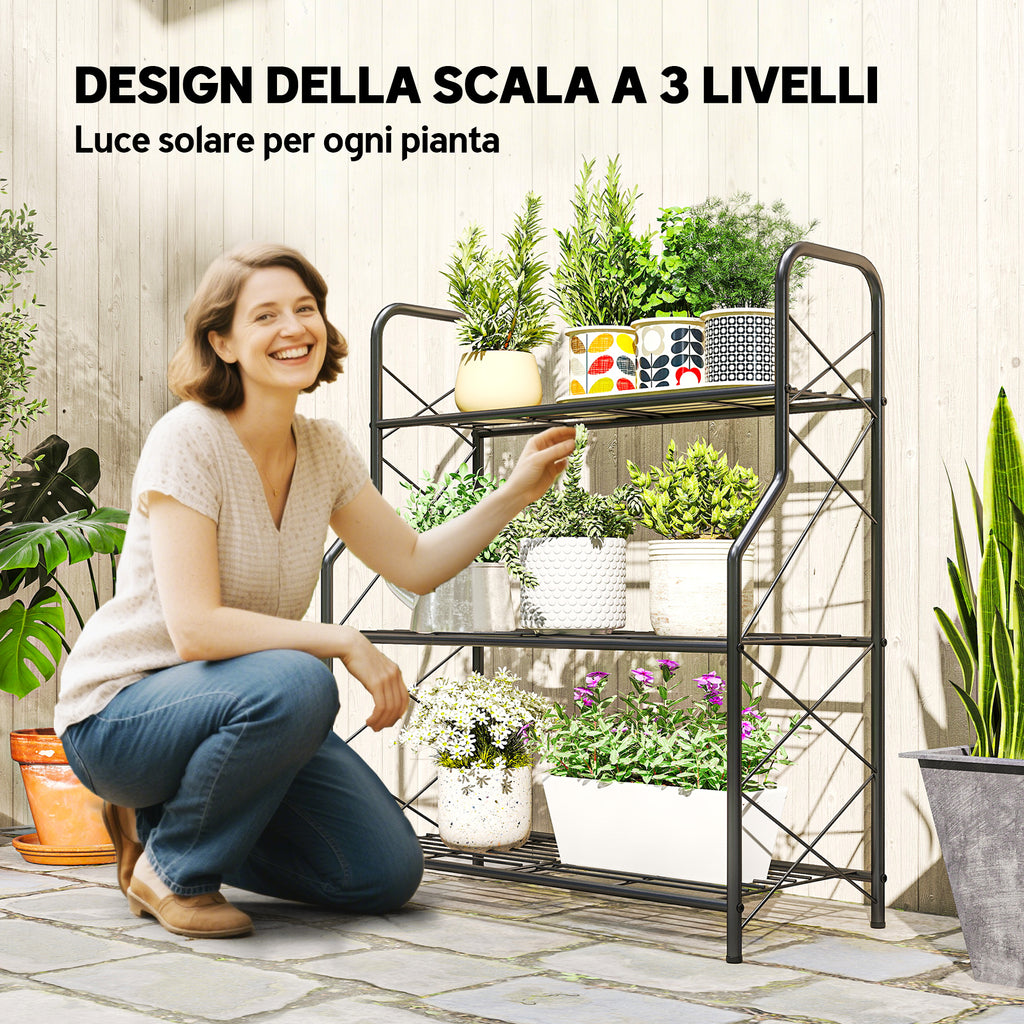 Outsunny 3-Tier Indoor/Outdoor Metal Plant Stand, 69 x 28.5 x 78 cm, Black