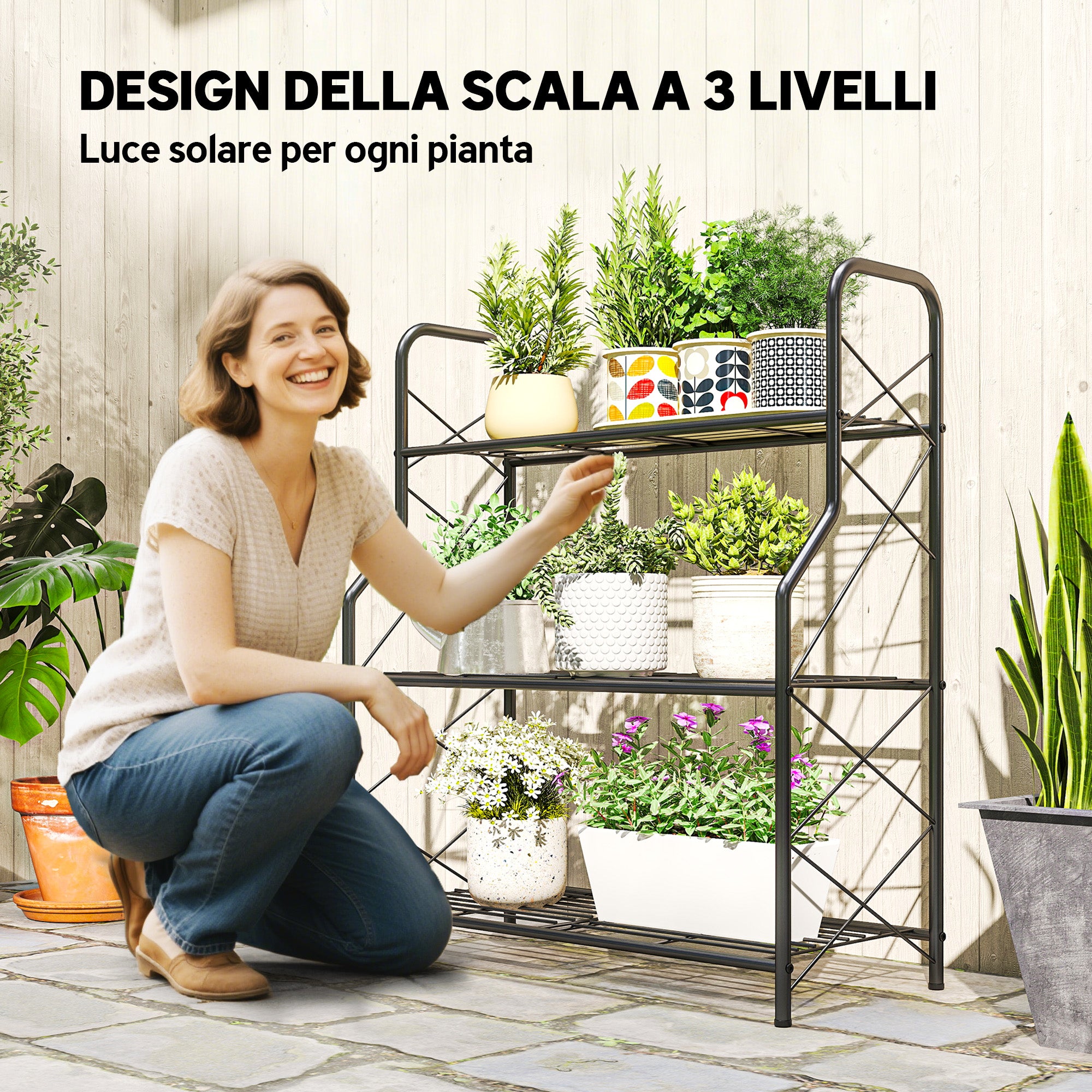 Outsunny 3-Tier Indoor/Outdoor Metal Plant Stand, 69 x 28.5 x 78 cm, Black