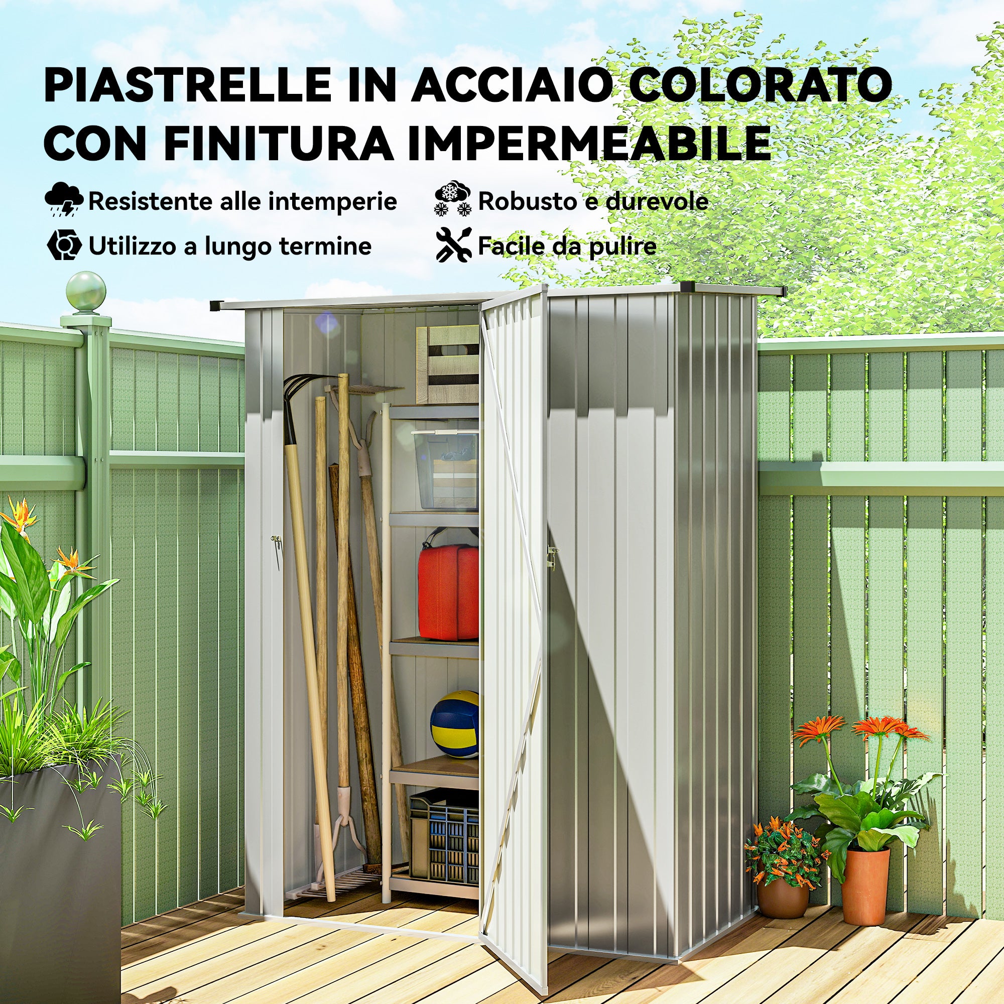 Outsunny Metal Tool Shed with Sloped Roof and Lockable Door, 142x86x189 cm, Silver