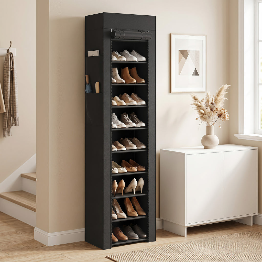 HOMCOM 10-Tier Shoe Rack, Dust Cover, 20 Pairs, 45x30x175 cm, Black