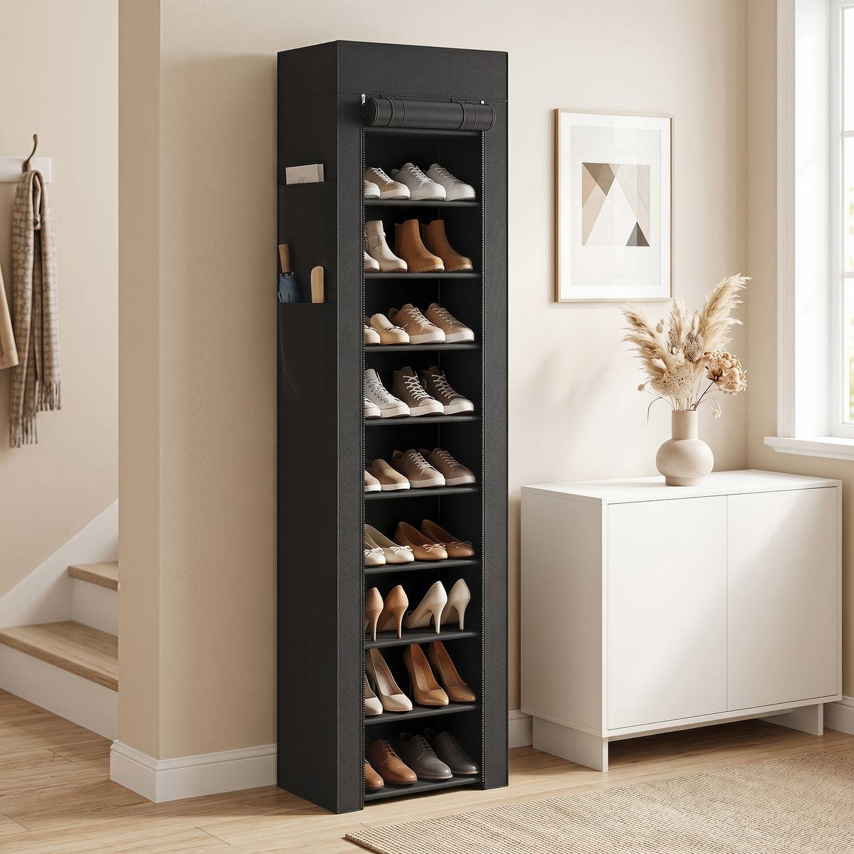 HOMCOM 10-Tier Shoe Rack, Dust Cover, 20 Pairs, 45x30x175 cm, Black