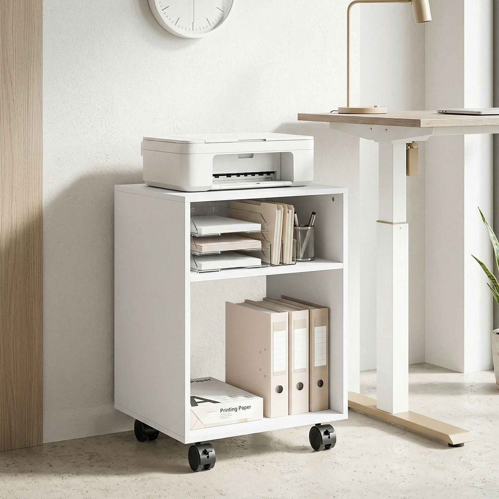 HOMCOM Wooden Printer Stand with Braked Wheels and 2 Open Compartments, 40x35x55 cm, for Office Study, White