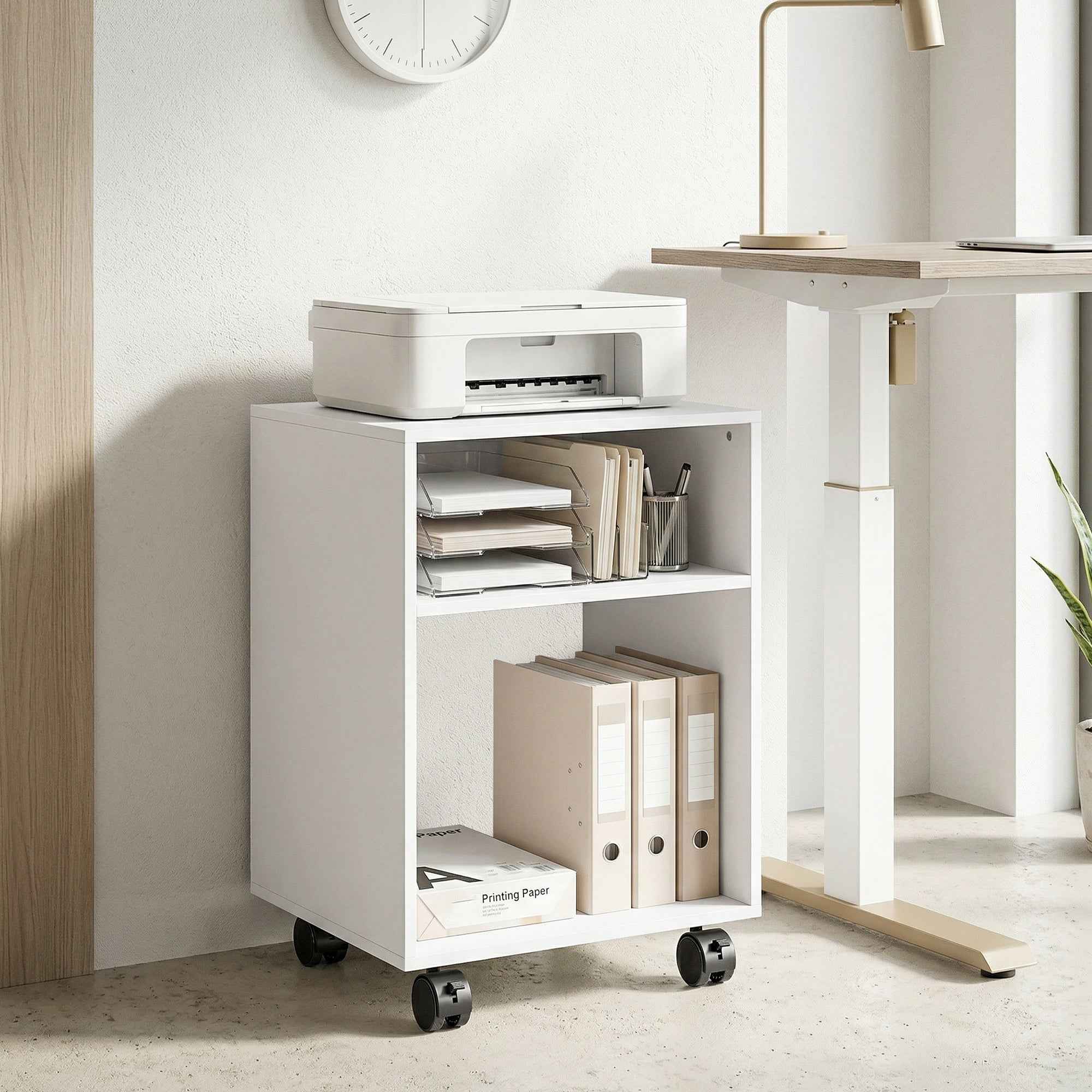 HOMCOM Wooden Printer Stand with Braked Wheels and 2 Open Compartments, 40x35x55 cm, for Office Study, White