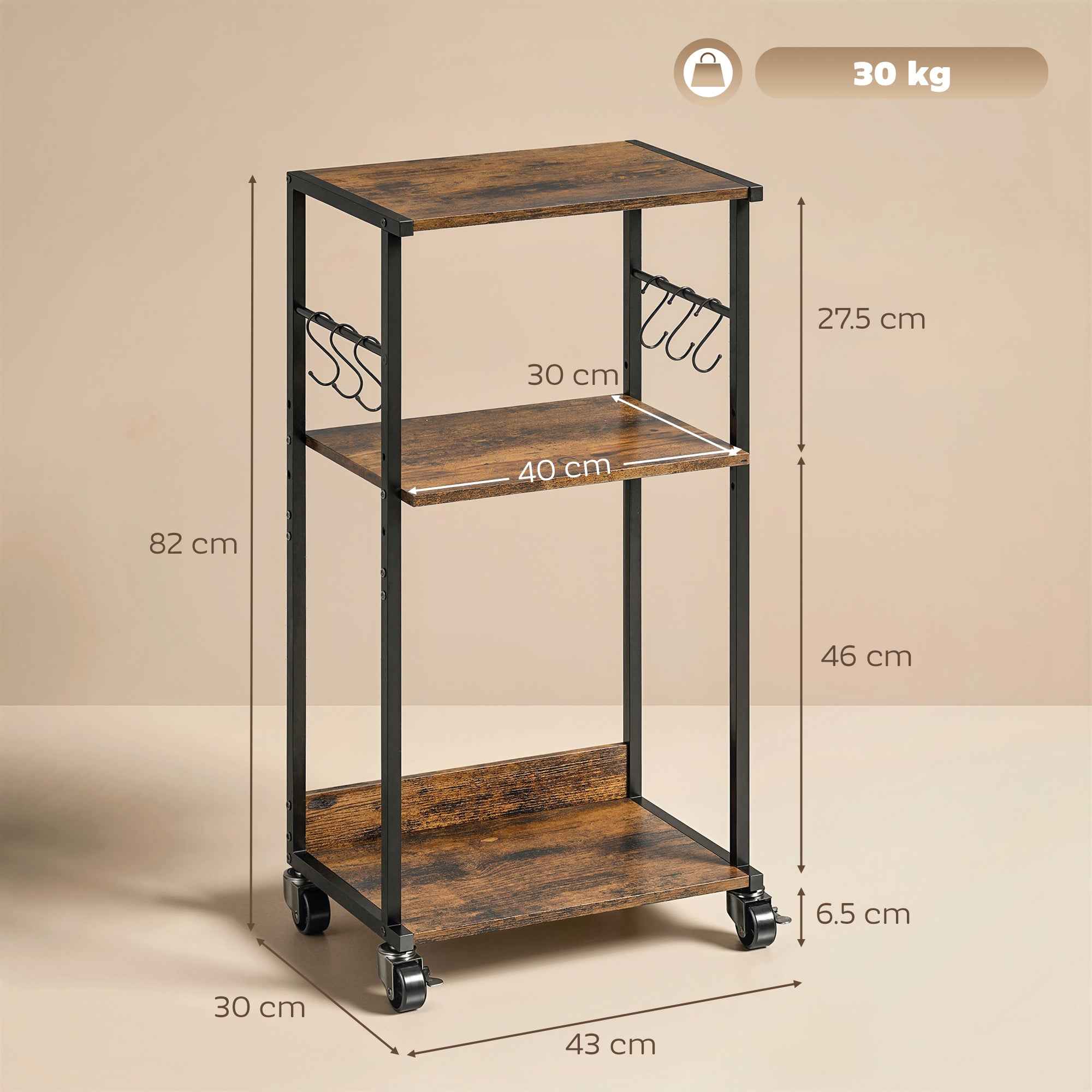 HOMCOM Industrial Printer Table 3 Tier, Wheels and Hooks, Rustic Brown.