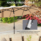 Double Umbrella Tiltable at 45° with Crank and Air Vents, in Steel and Polyester, 285x147x227 cm, Coffee