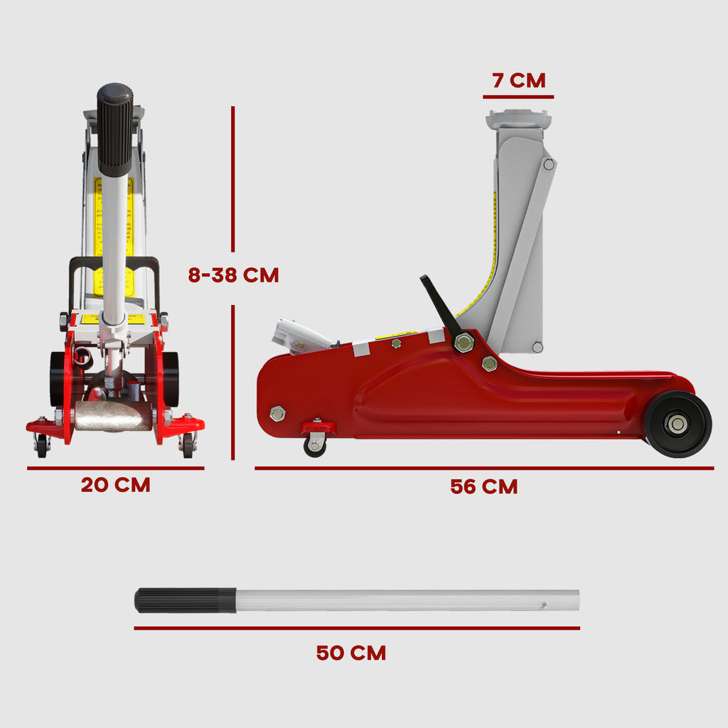 Hydraulic Jack Low Lift 8-38cm, Reinforced Steel with 2.5 Ton Capacity, Red