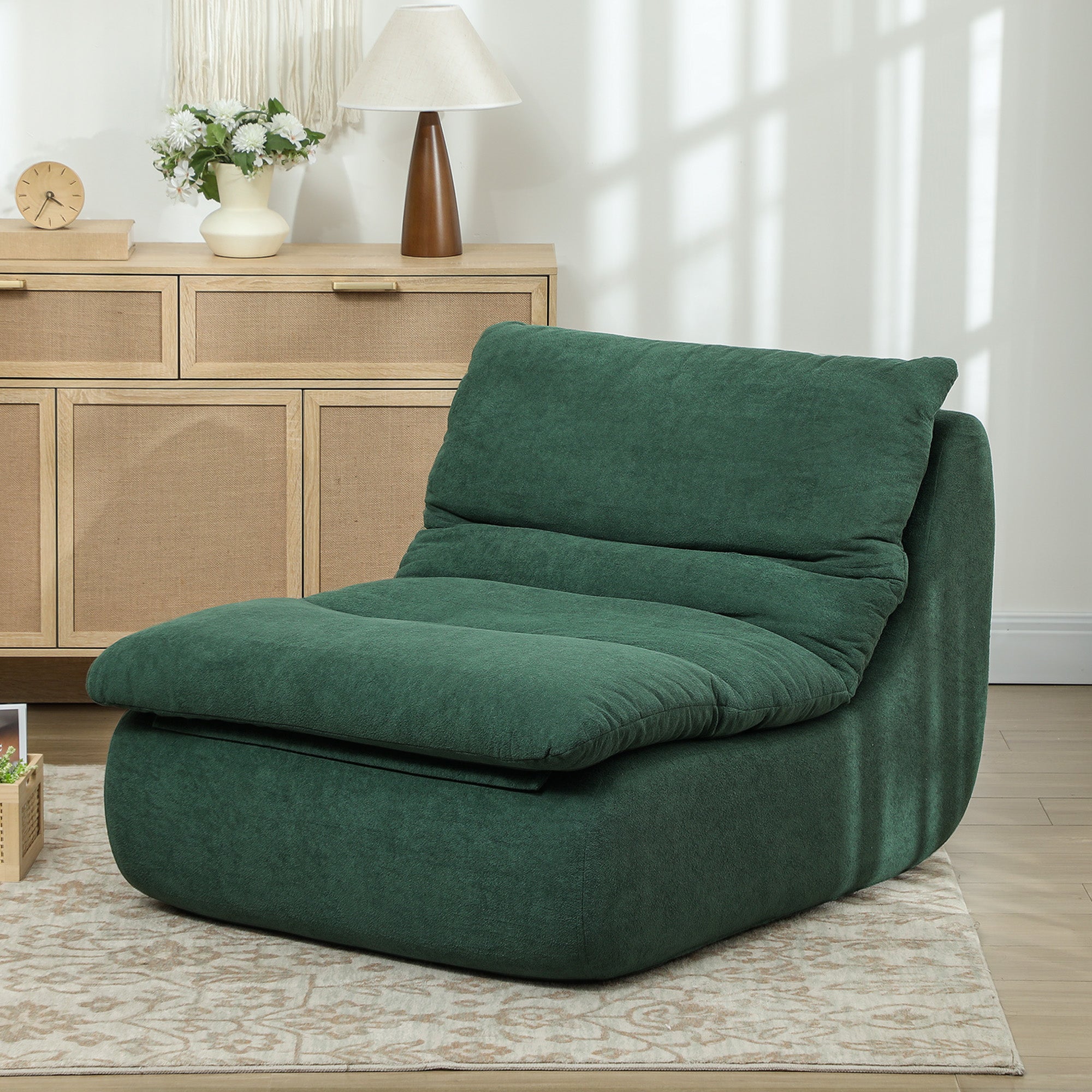 Modern Floor Chair Padded in Green Velvet Effect Fabric and Foam, 82x103x75 cm