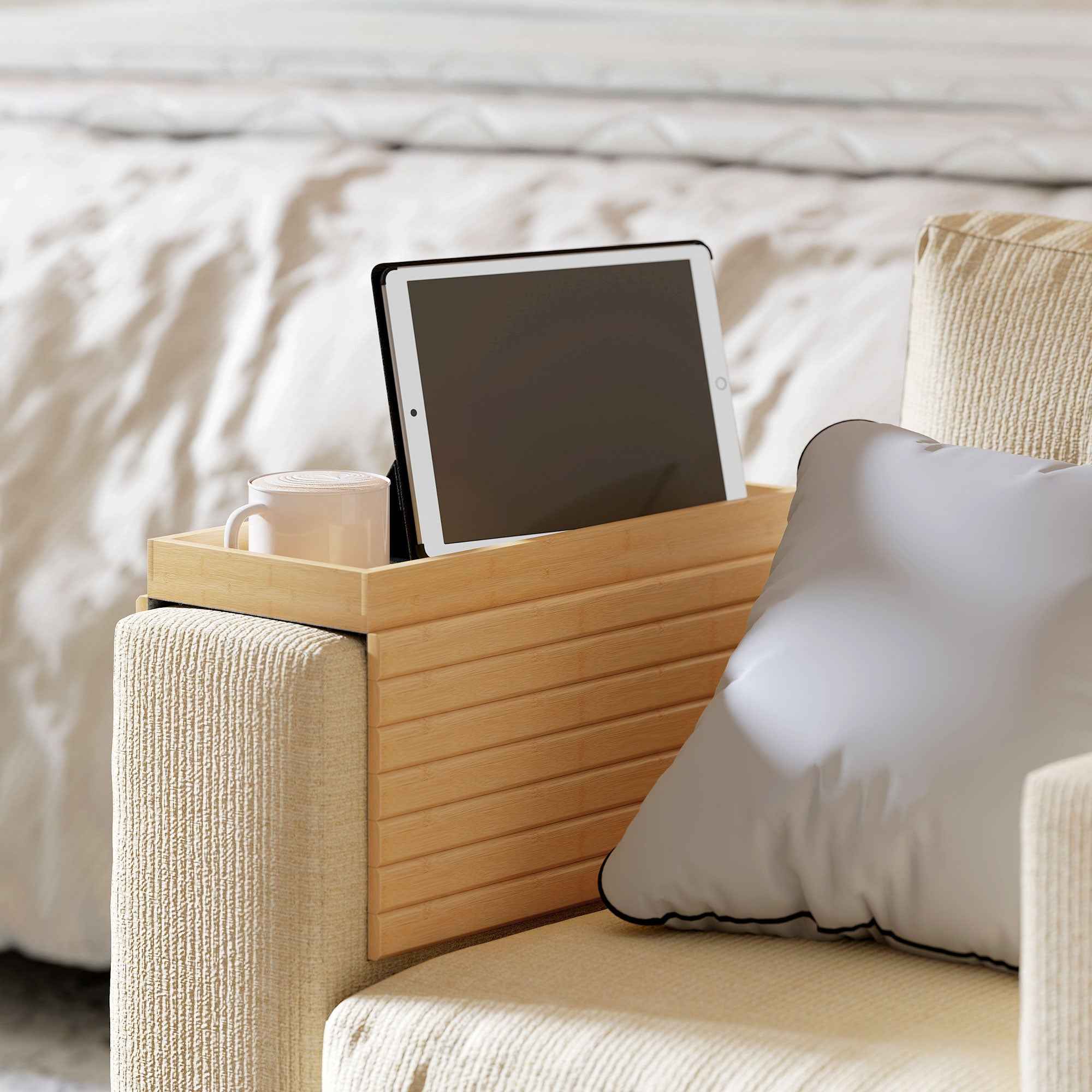 HOMCOM Bamboo Sofa Armrest Tray, Flexible Sofa Mat with Tray, Wood Color