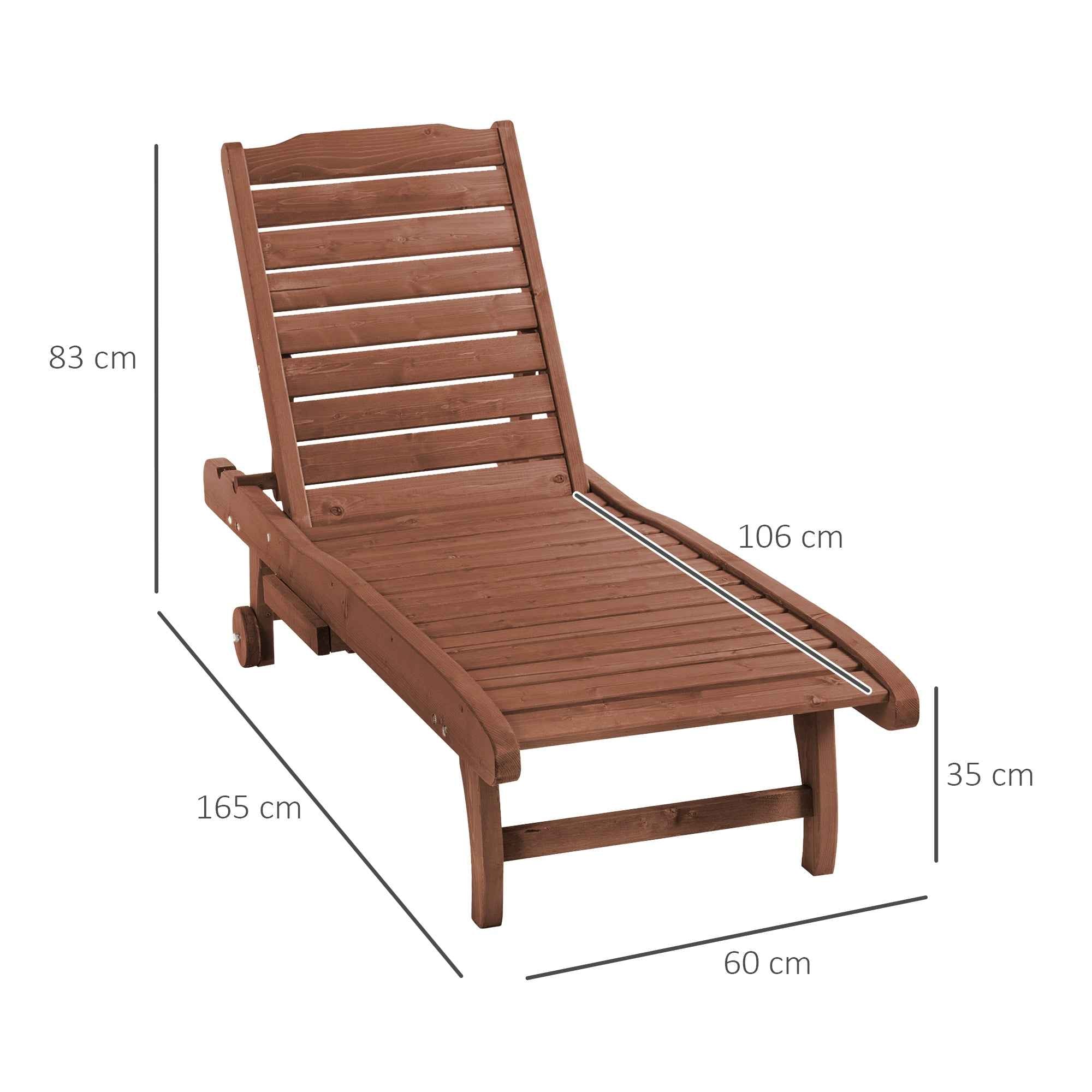 Outsunny Wooden Sun Lounger, Garden Lounger with Wheels and Removable Tray 182x60x35cm