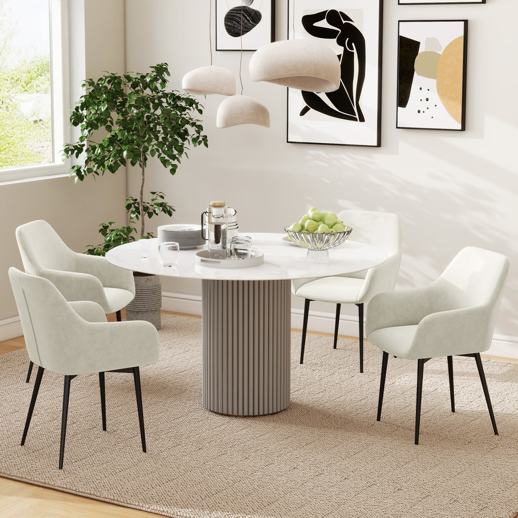 Set of 2 Nordic Dining Chairs Padded with Curved Armrests in Velvet Effect Fabric, 54x57x80 cm, Cream