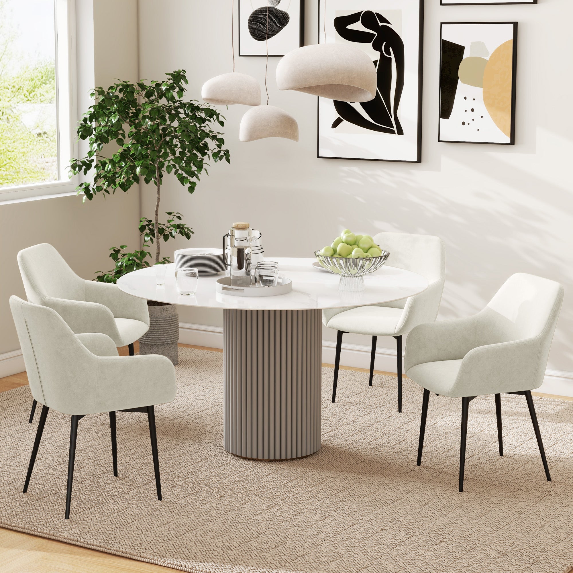 Set of 2 Nordic Dining Chairs Padded with Curved Armrests in Velvet Effect Fabric, 54x57x80 cm, Cream