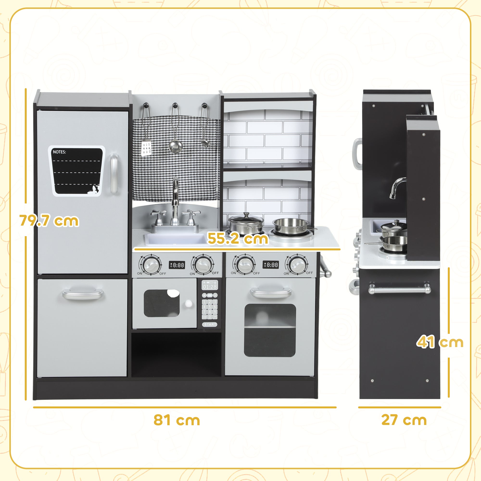 Wooden Toy Kitchen for Kids Ages 3-8 with Accessories, Fridge, Sink and Knobs with Sounds, Brown