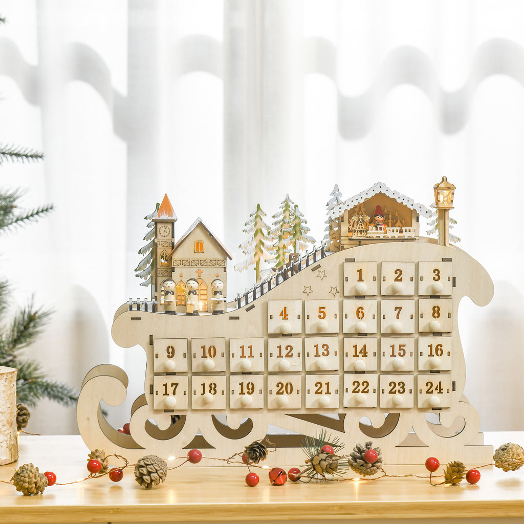 Wooden Sleigh Advent Calendar with 24 Fillable Drawers, Decorations and LED Lights, 45x10x31cm