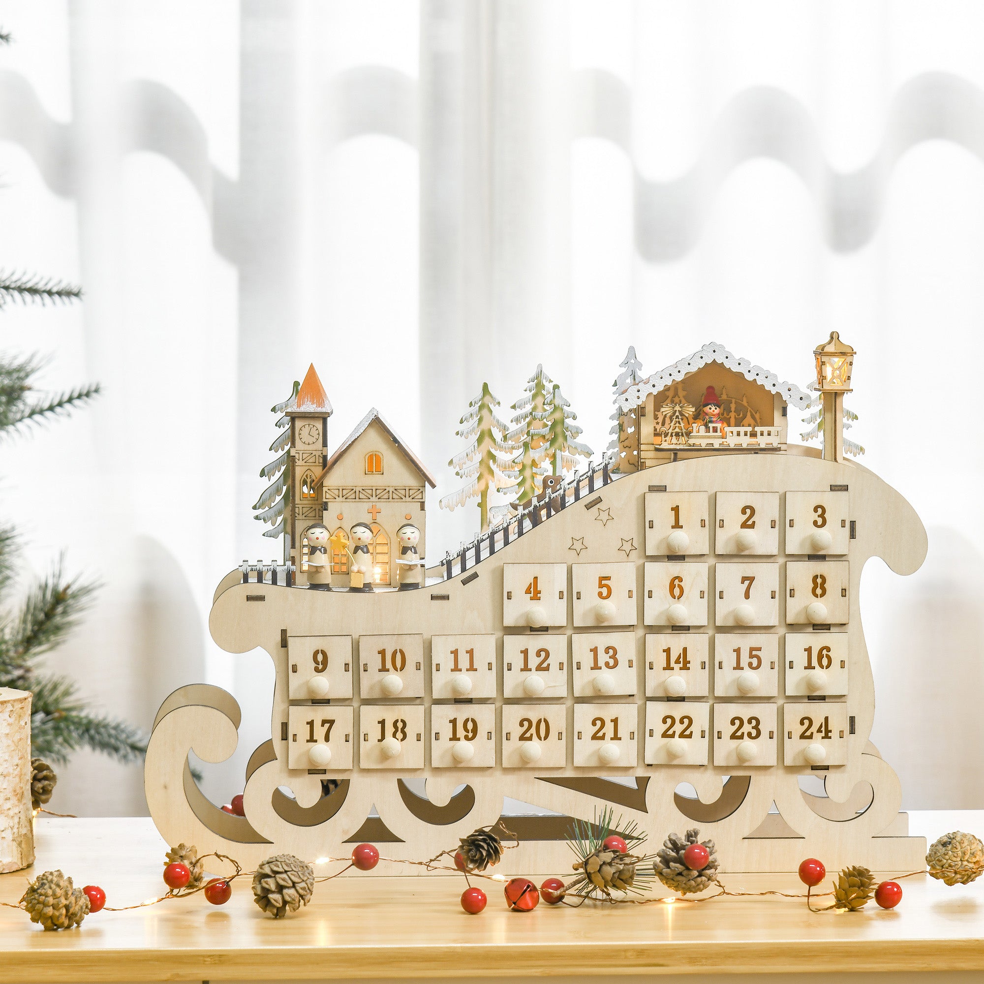 Wooden Sleigh Advent Calendar with 24 Fillable Drawers, Decorations and LED Lights, 45x10x31cm