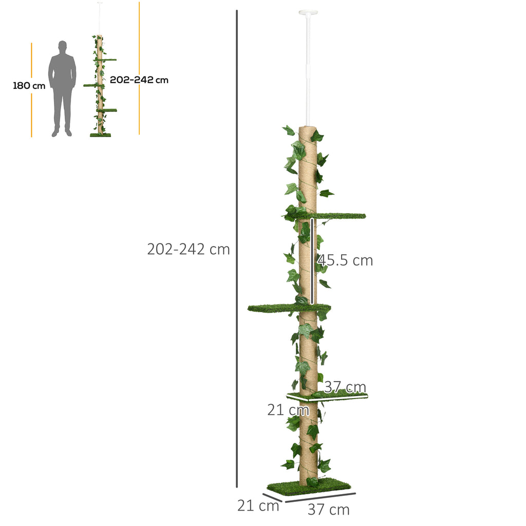 Cat Tree with Adjustable Tension Rod, 202-242 cm, Ceiling Mount, Green