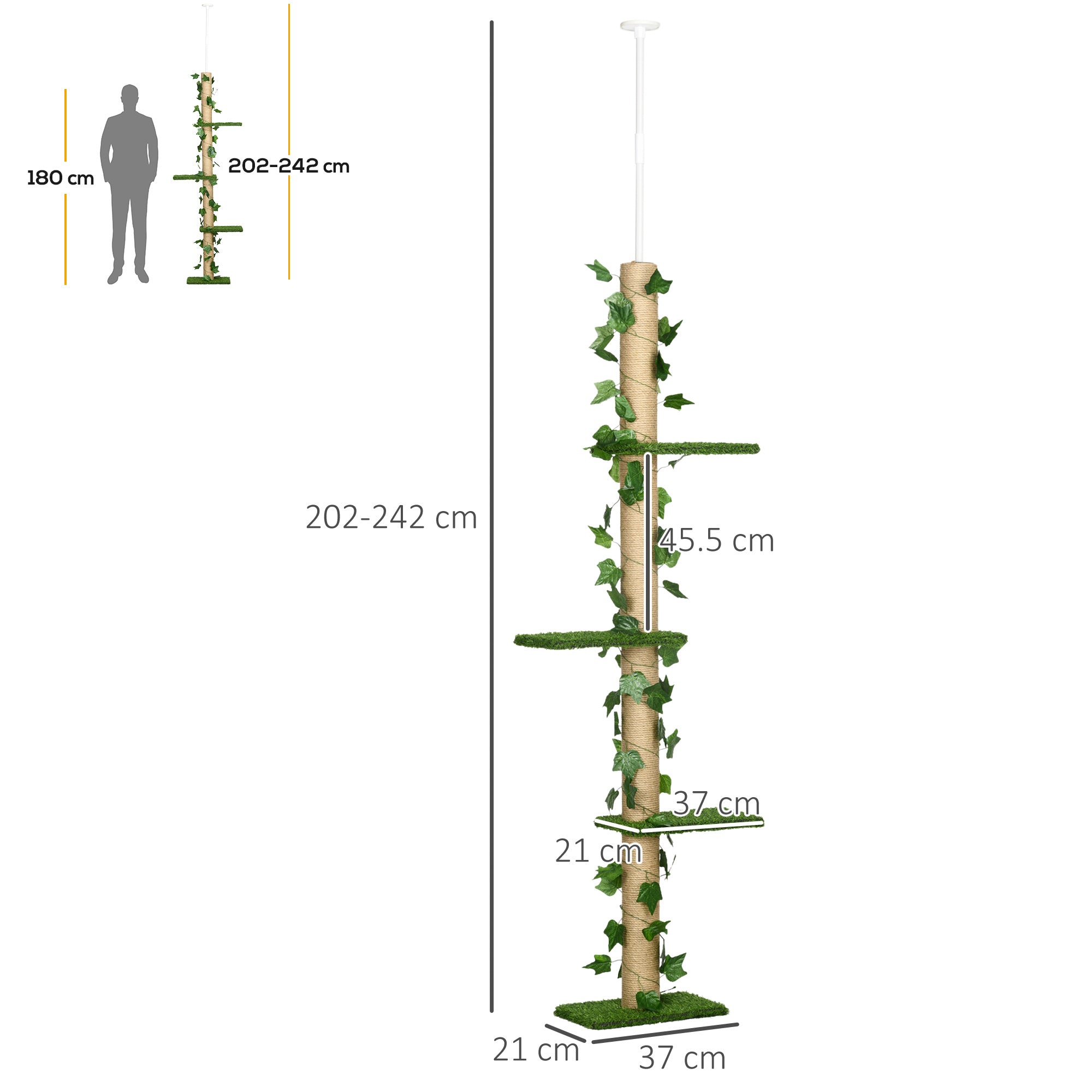 Cat Tree with Adjustable Tension Rod, 202-242 cm, Ceiling Mount, Green