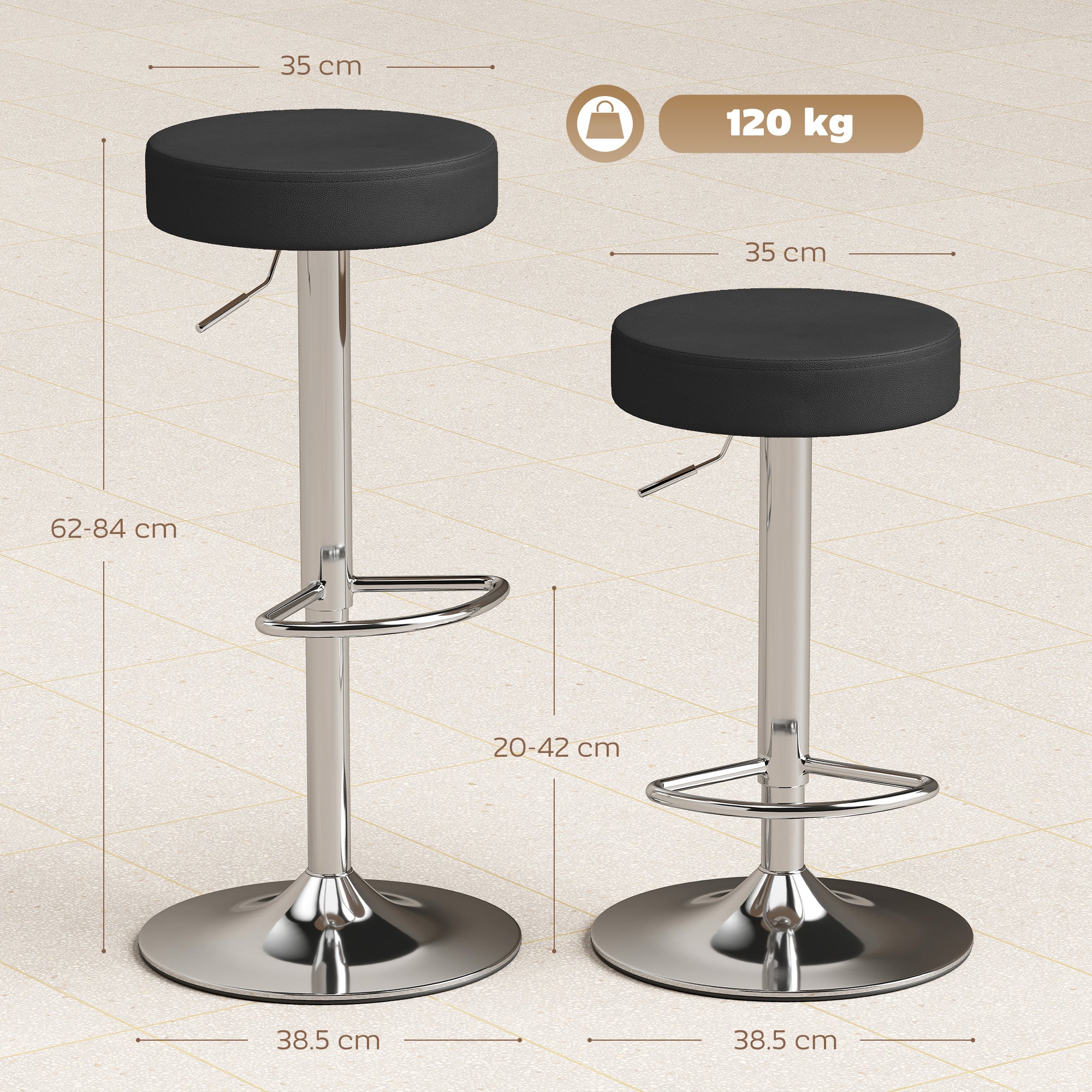 Set of 2 Modern Adjustable Bar Stools, PU Leather, Sponge, and Metal, 38.5 x 38.5 x 62-84 cm, Black