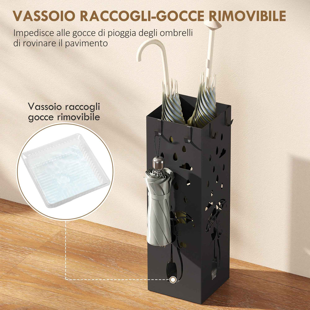 HOMCOM Modern Umbrella Stand with Drip Tray and Metal Hooks, 15.5x15.5x49 cm, Black
