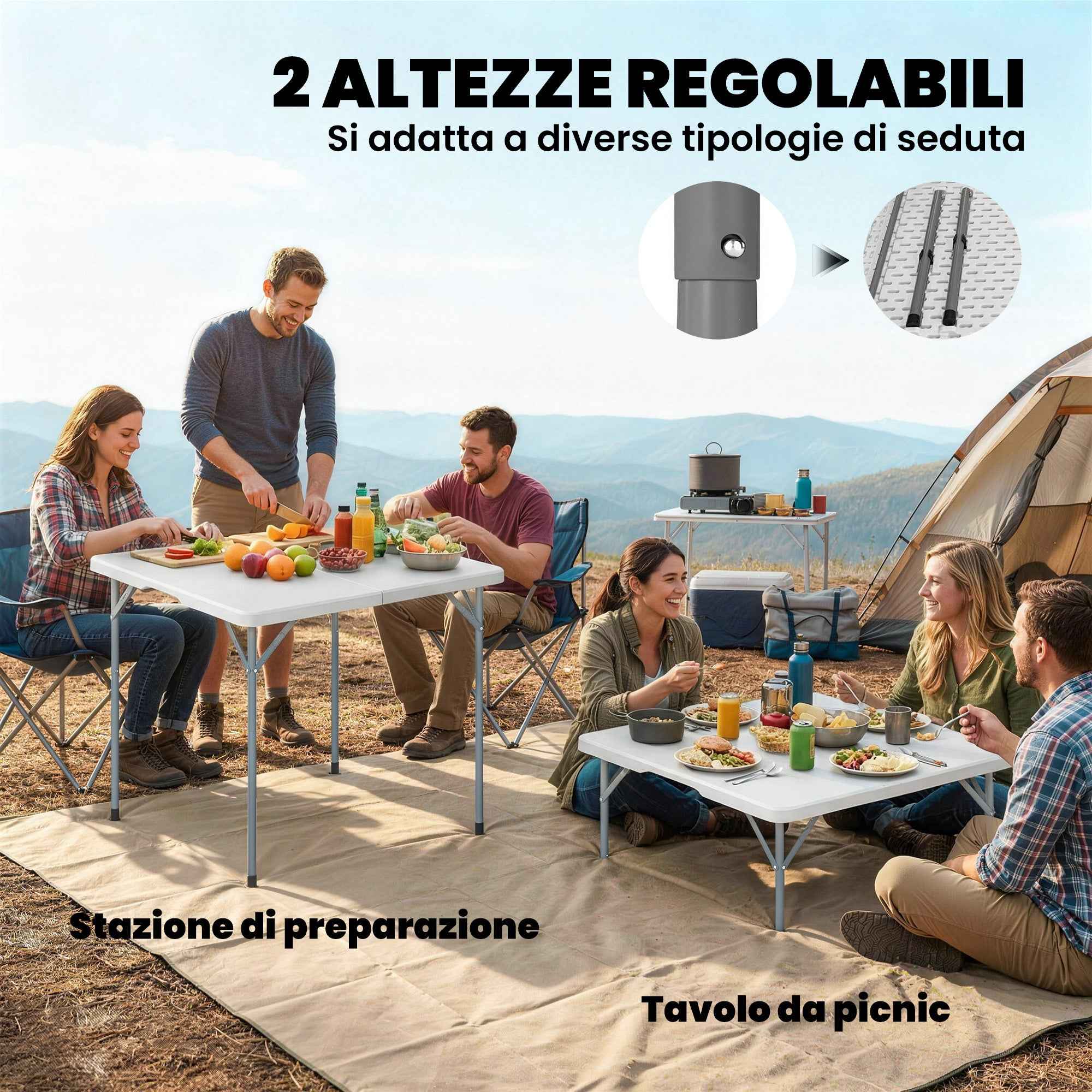 Outsunny Folding Square Camping Table in Metal and HDPE, 86x86x74 cm, White