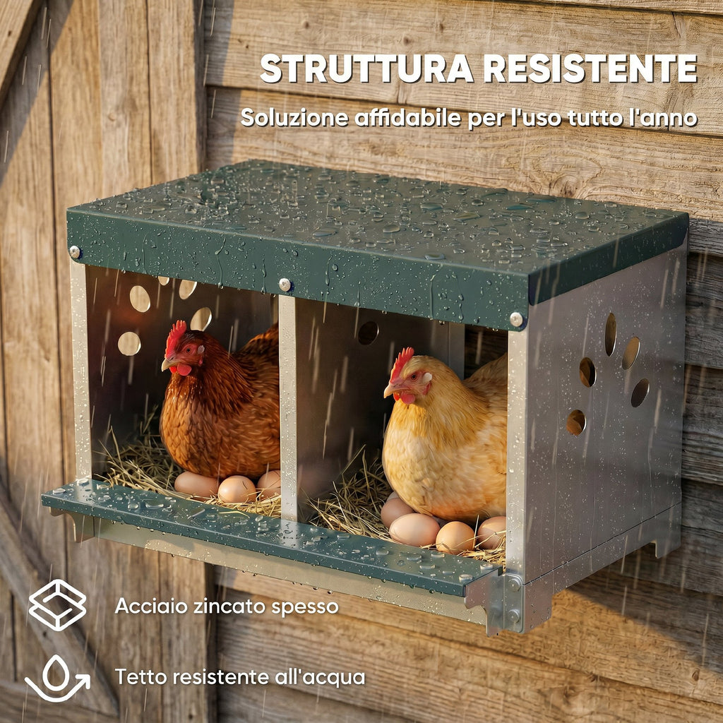 PawHut 2-Panel Steel Hen Nest with Raised Base, Roof and Ventilation Holes, Silver