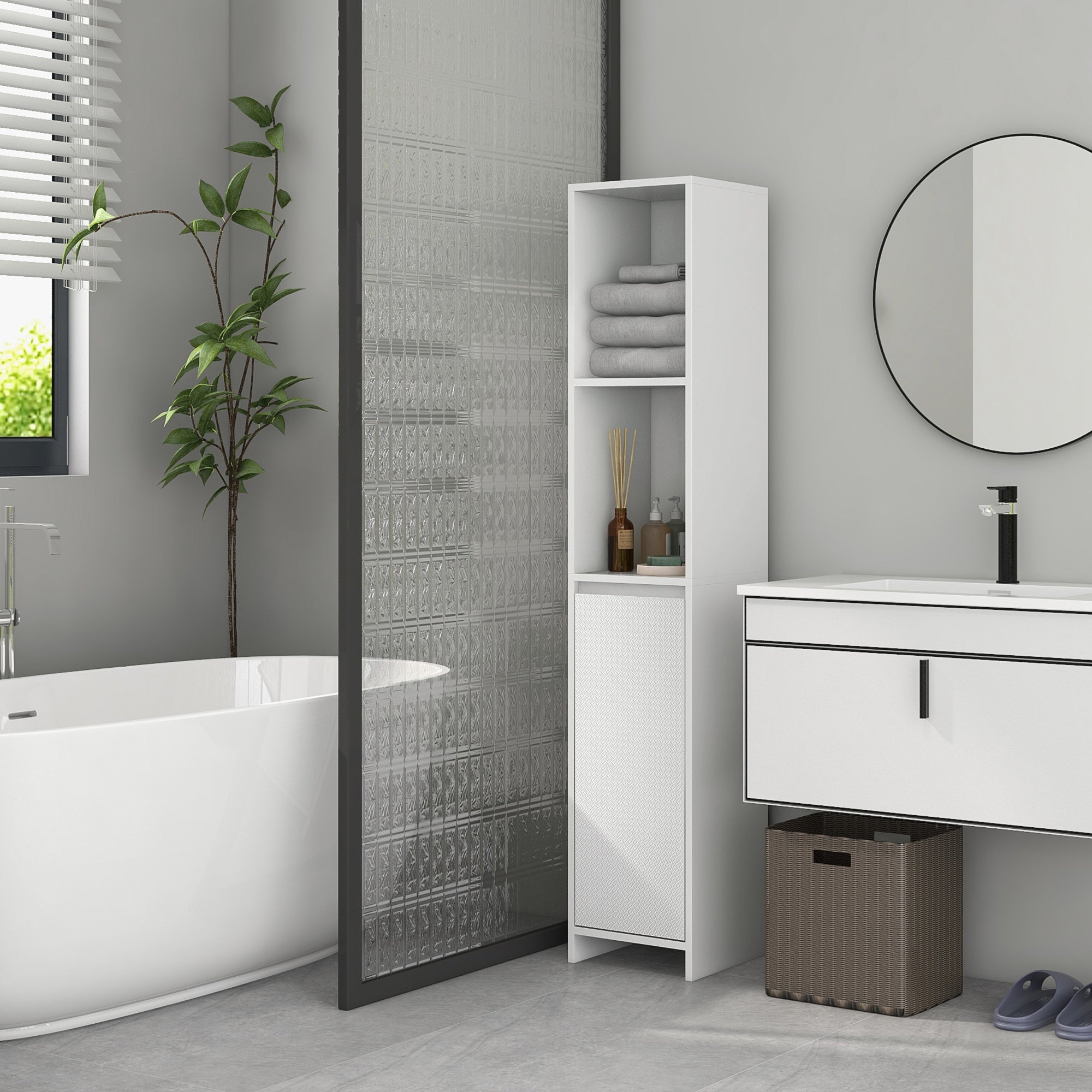 Space-Saving Bathroom Column with Cabinet and 2 Open Compartments, 30x30x160cm, White