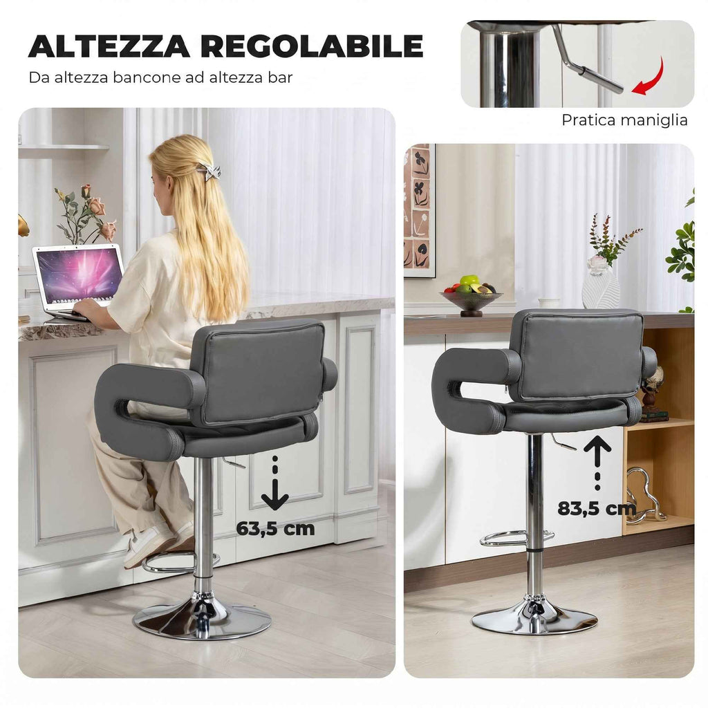 HOMCOM Adjustable Bar Stool, Extra Large Swivel PU Leather Seat, Grey