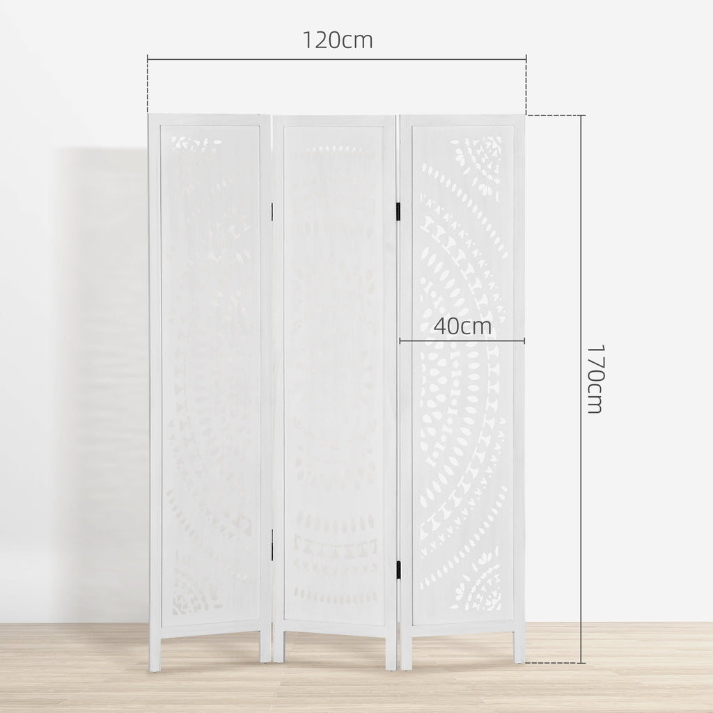 3-Panel Folding Room Divider Screen, Carved Wood, 120x170cm, White