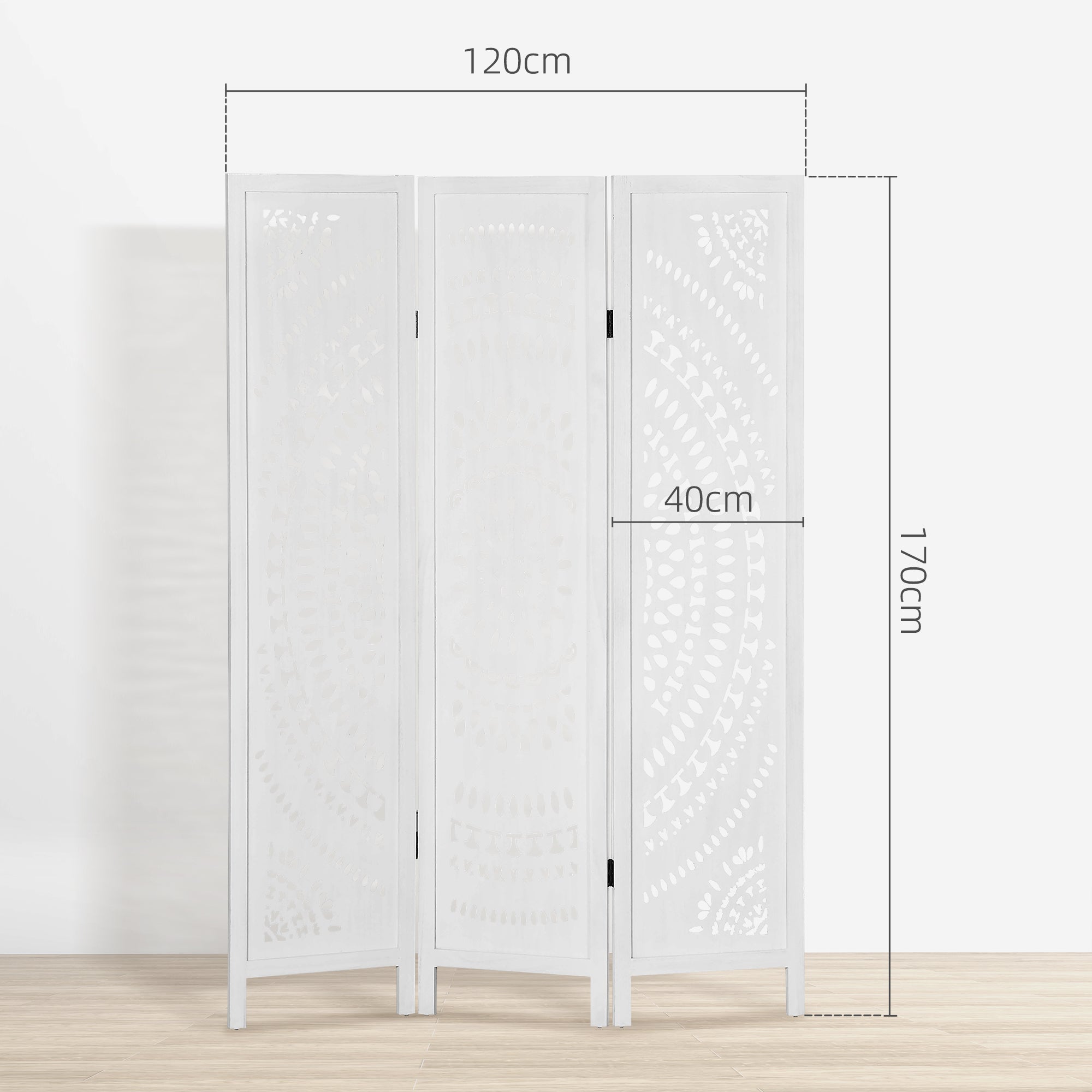 3-Panel Folding Room Divider Screen, Carved Wood, 120x170cm, White