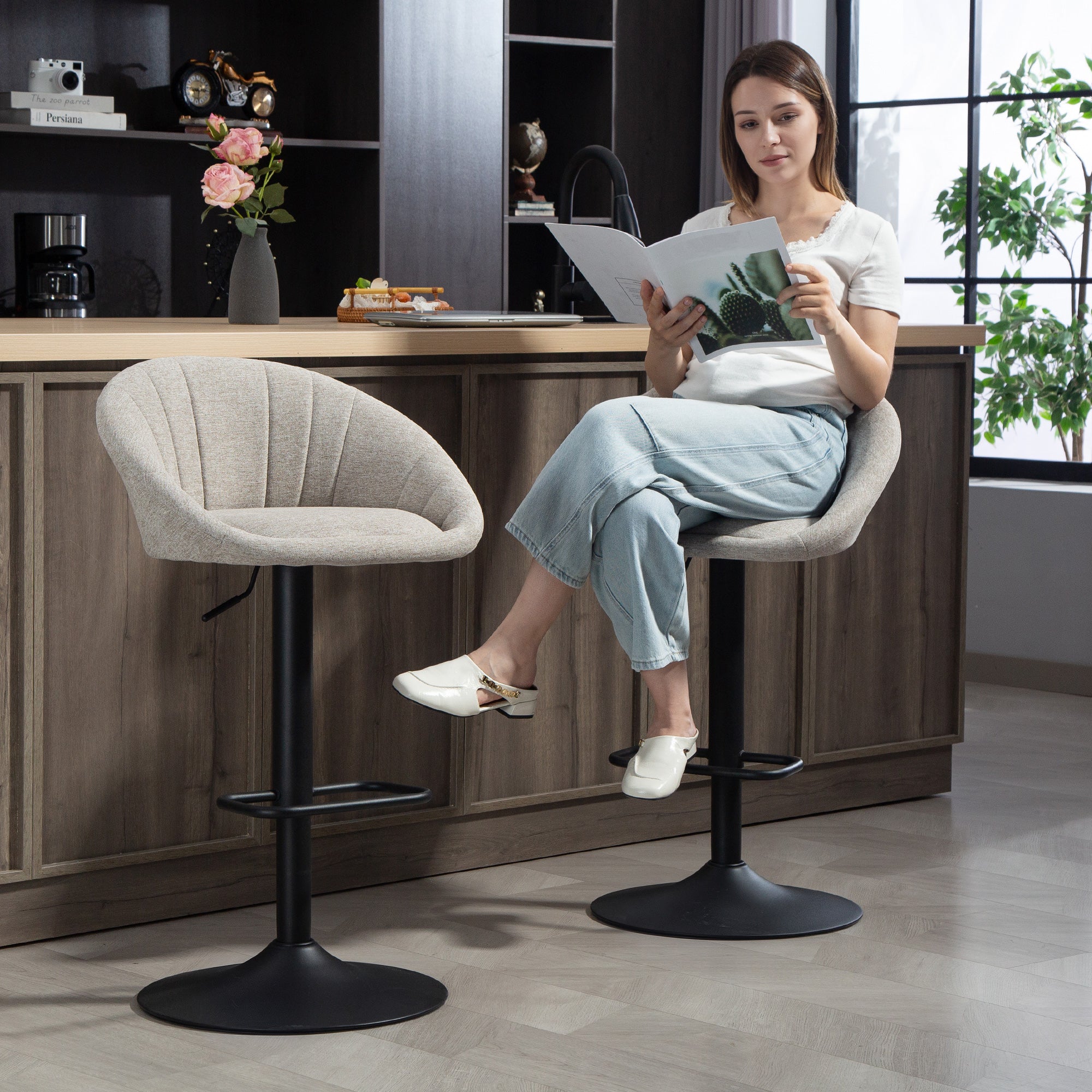 Set of 2 Height-Adjustable Bar Stools with Swivel Fabric Seat and Footrest, Beige