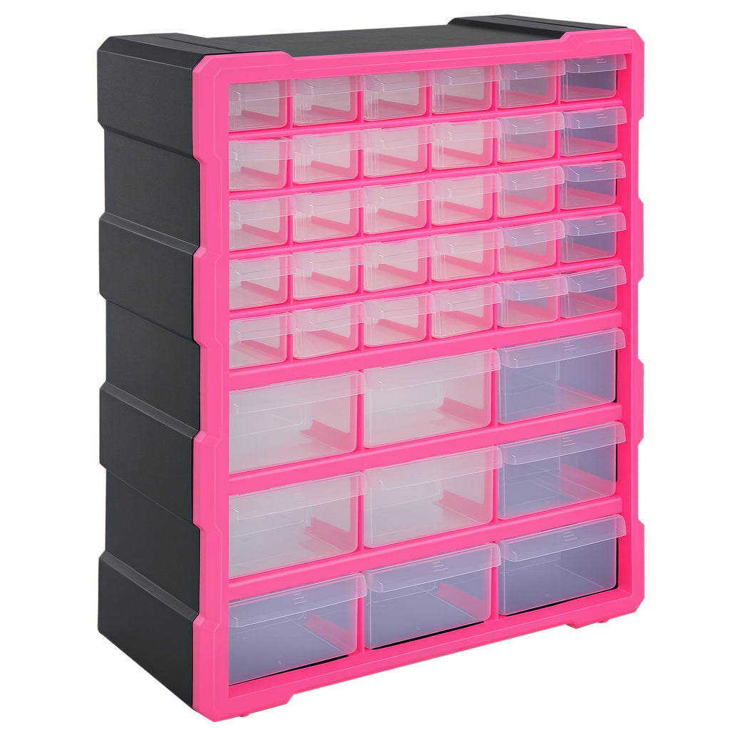 Plastic Drawer Cabinet for Small Parts with 39 Transparent Drawers, Wall or Floor Mounting 38x16x47.5cm Pink
