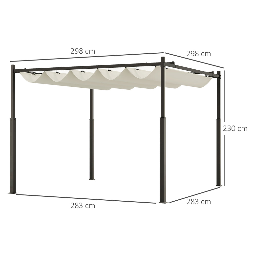 Gazebo Pergola 3x3 m with Retractable Canopy, 8 Screws and 8 Stakes, in 180g Polyester and Metal, Cream White