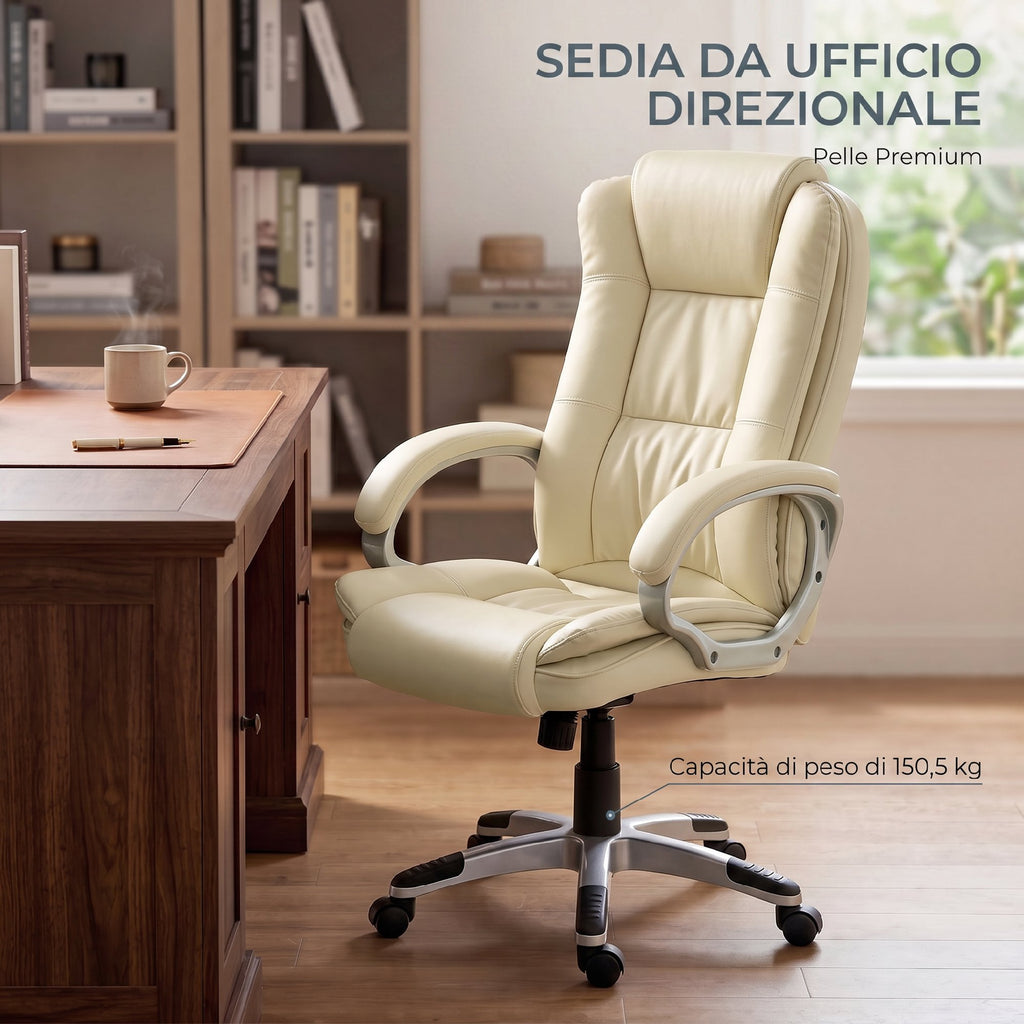 HOMCOM PU Leather Swivel Office Chair with Rocking, High Backrest and Adjustable Height, Beige