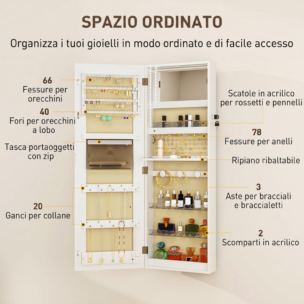 HOMCOM Wall or Door Mounted Jewelry Cabinet with Internal Mirror and LED Lights, with Lock and Key, Zip Pocket, White