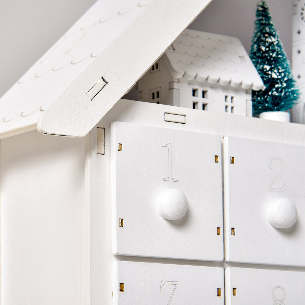 Wooden Advent Calendar to Fill with 24 Drawers and Christmas Village with Trees and Lights, 39x9x42cm