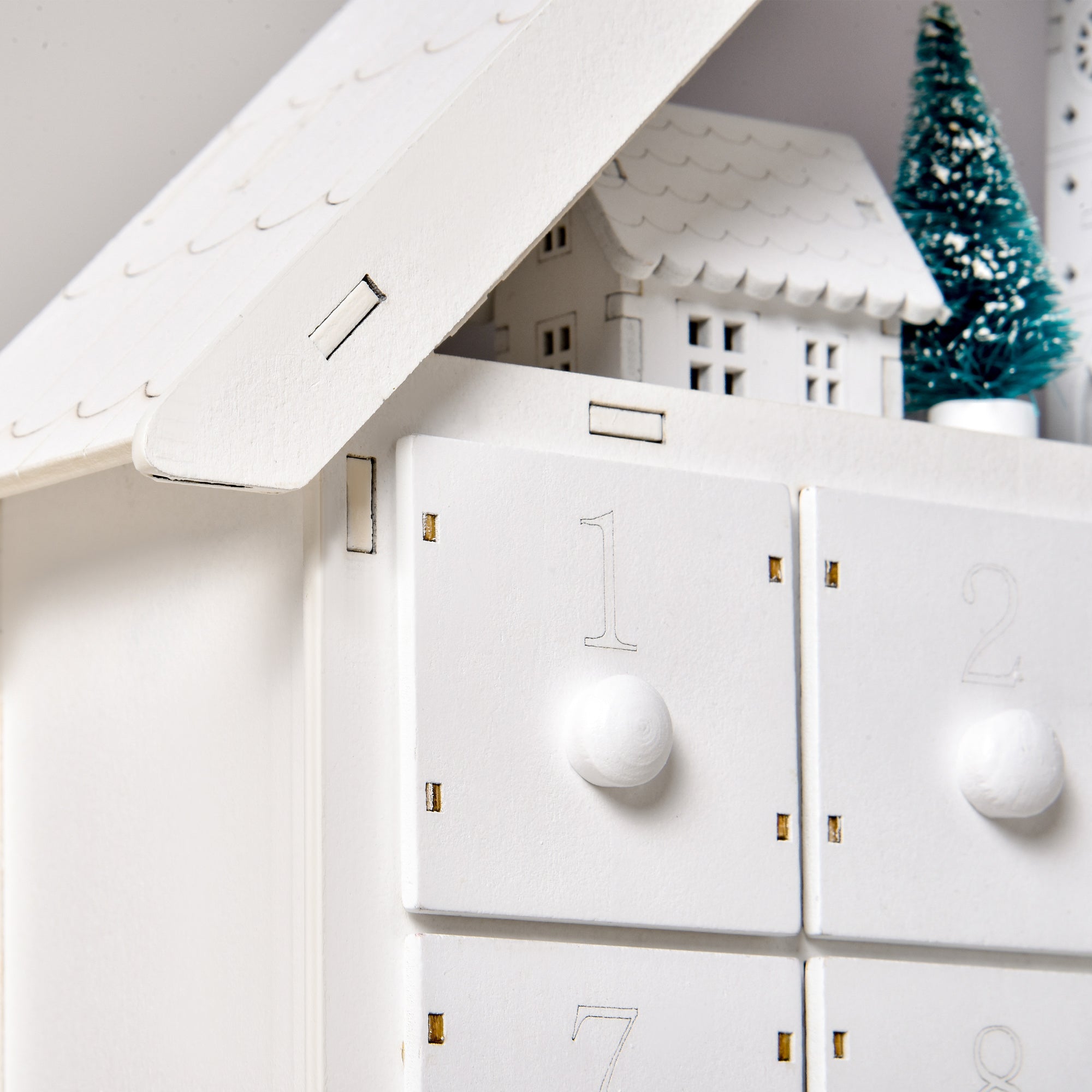 Wooden Advent Calendar to Fill with 24 Drawers and Christmas Village with Trees and Lights, 39x9x42cm