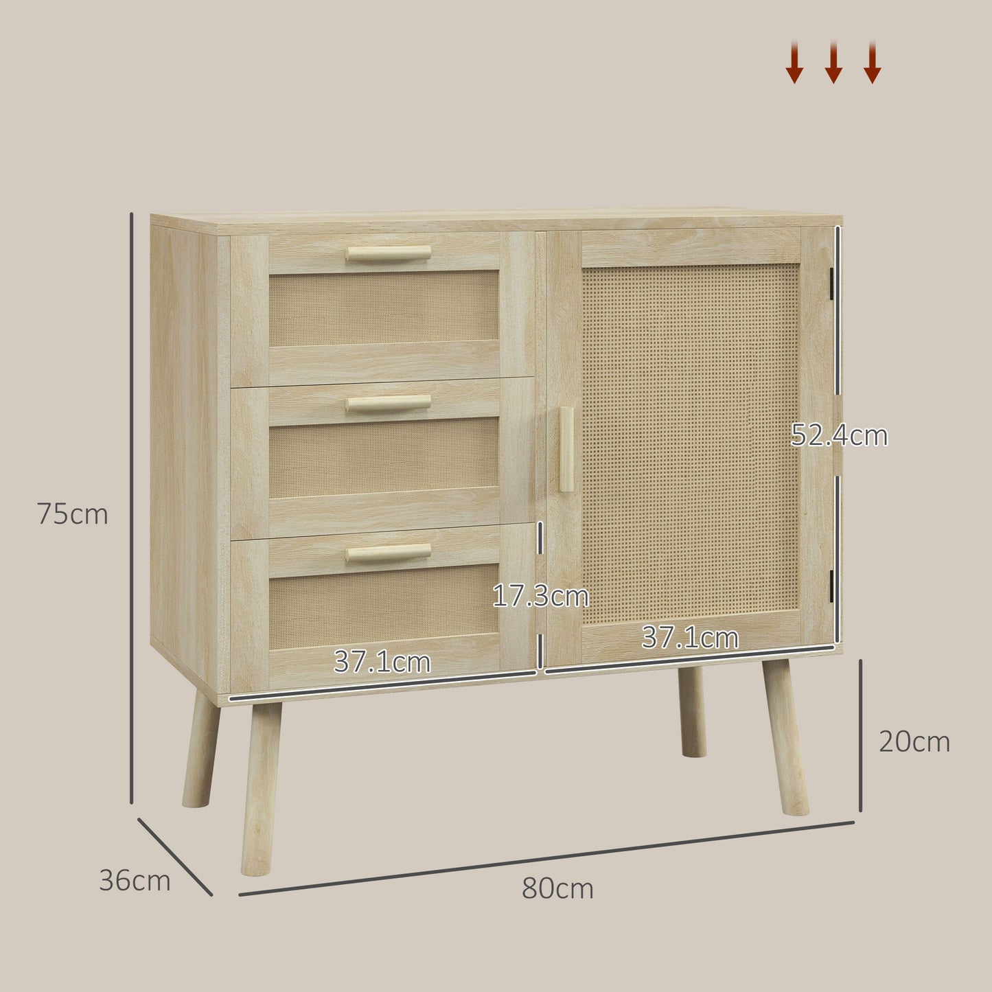 HOMCOM Multipurpose Boho Style Cabinet with Cabinet and 3 Drawers in Wood and Rattan, 80x36x75cm, Oak